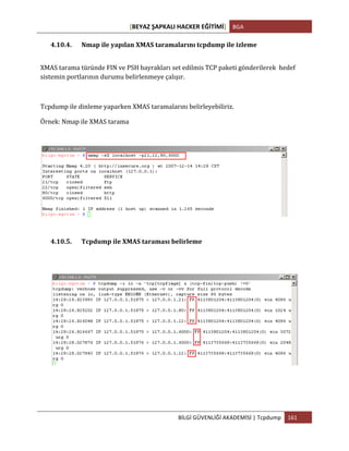[BEYAZ	
  ŞAPKALI	
  HACKER	
  EĞİTİMİ]	
   BGA	
  
	
  
BİLGİ	
  GÜVENLİĞİ	
  AKADEMİSİ	
  |	
  Tcpdump	
   161	
  
	
  
4.10.4. Nmap	
  ile	
  yapılan	
  XMAS	
  taramalarını	
  tcpdump	
  ile	
  izleme	
  
XMAS	
  tarama	
  türünde	
  FIN	
  ve	
  PSH	
  bayrakları	
  set	
  edilmis	
  TCP	
  paketi	
  gönderilerek	
  	
  hedef	
  
sistemin	
  portlarının	
  durumu	
  belirlenmeye	
  çalışır.	
  
	
  
Tcpdump	
  ile	
  dinleme	
  yaparken	
  XMAS	
  taramalarını	
  belirleyebiliriz.	
  
Örnek:	
  Nmap	
  ile	
  XMAS	
  tarama	
  
	
  
4.10.5. Tcpdump	
  ile	
  XMAS	
  taraması	
  belirleme	
  
	
  
 