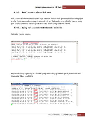[BEYAZ	
  ŞAPKALI	
  HACKER	
  EĞİTİMİ]	
   BGA	
  
	
  
BİLGİ	
  GÜVENLİĞİ	
  AKADEMİSİ	
  |	
  Tcpdump	
   162	
  
	
  
4.10.6. Port	
  Tarama	
  Araçlarını	
  Belirleme	
  
Port	
  tarama	
  araçlarının	
  kendilerine	
  özgü	
  imzaları	
  vardır.	
  NIDS	
  gibi	
  sistemler	
  tarama	
  yapan	
  
araçları	
  bu	
  imzalarından	
  tanıyarak	
  alarm	
  üretirler.	
  Bu	
  imzalar	
  neler	
  olabilir.	
  Mesela	
  nmap	
  
port	
  tarama	
  yaparken	
  kaynak	
  	
  portlarını	
  sabit	
  tutar,	
  hping	
  ise	
  birer	
  arttırır.	
  
4.10.6.1. Hping	
  port	
  taramalarını	
  tcpdump	
  ile	
  belirleme	
  
Hping	
  ile	
  yapılan	
  tarama	
  
	
  
Yapılan	
  taramayı	
  tcpdump	
  ile	
  izlersek	
  hping’in	
  tarama	
  yaparken	
  kaynak	
  port	
  numalarını	
  
birer	
  arttırdığını	
  görebiliriz.	
  
	
  
 