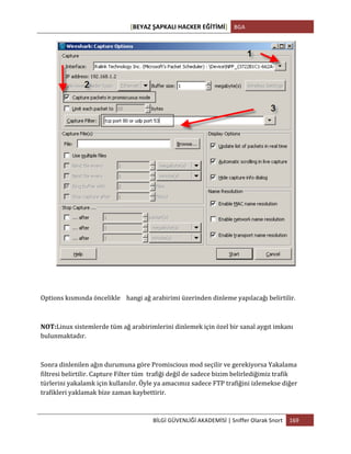 [BEYAZ	
  ŞAPKALI	
  HACKER	
  EĞİTİMİ]	
   BGA	
  
	
  
BİLGİ	
  GÜVENLİĞİ	
  AKADEMİSİ	
  |	
  Sniffer	
  Olarak	
  Snort	
   169	
  
	
  
Options	
  kısmında	
  öncelikle	
  	
  	
  	
  hangi	
  ağ	
  arabirimi	
  üzerinden	
  dinleme	
  yapılacağı	
  belirtilir.	
  	
  	
  
NOT:Linux	
  sistemlerde	
  tüm	
  ağ	
  arabirimlerini	
  dinlemek	
  için	
  özel	
  bir	
  sanal	
  aygıt	
  imkanı	
  
bulunmaktadır.
Sonra	
  dinlenilen	
  ağın	
  durumuna	
  göre	
  Promiscious	
  mod	
  seçilir	
  ve	
  gerekiyorsa	
  Yakalama	
  
filtresi	
  belirtilir.	
  Capture	
  Filter	
  tüm	
  	
  trafiği	
  değil	
  de	
  sadece	
  bizim	
  belirlediğimiz	
  trafik	
  
türlerini	
  yakalamk	
  için	
  kullanılır.	
  Öyle	
  ya	
  amacımız	
  sadece	
  FTP	
  trafiğini	
  izlemekse	
  diğer	
  
trafikleri	
  yaklamak	
  bize	
  zaman	
  kaybettirir.	
  
 