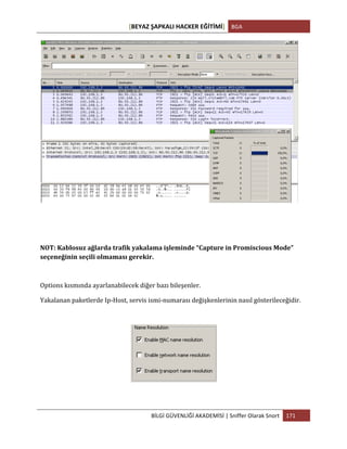 [BEYAZ	
  ŞAPKALI	
  HACKER	
  EĞİTİMİ]	
   BGA	
  
	
  
BİLGİ	
  GÜVENLİĞİ	
  AKADEMİSİ	
  |	
  Sniffer	
  Olarak	
  Snort	
   171	
  
	
  
NOT:	
  Kablosuz	
  ağlarda	
  trafik	
  yakalama	
  işleminde	
  “Capture	
  in	
  Promiscious	
  Mode”	
  
seçeneğinin	
  seçili	
  olmaması	
  gerekir.	
  
Options	
  kısmında	
  ayarlanabilecek	
  diğer	
  bazı	
  bileşenler.	
  
Yakalanan	
  paketlerde	
  Ip-­‐Host,	
  servis	
  ismi-­‐numarası	
  değişkenlerinin	
  nasıl	
  gösterileceğidir.	
  
 