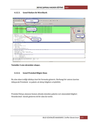 [BEYAZ	
  ŞAPKALI	
  HACKER	
  EĞİTİMİ]	
   BGA	
  
	
  
BİLGİ	
  GÜVENLİĞİ	
  AKADEMİSİ	
  |	
  Sniffer	
  Olarak	
  Snort	
   172	
  
	
  
4.12.3. Genel	
  Hatları	
  ile	
  WireShark	
  
Temelde 3 ana ekrandan oluşur.
4.12.4. Genel	
  Protokol	
  Bilgisi	
  Alanı	
  
Bu	
  alan	
  akan	
  trafiği	
  oldukça	
  özet	
  bir	
  formatta	
  gösterir.	
  Herhangi	
  bir	
  satırın	
  üzerine	
  
tıklayarak	
  Protokole	
  	
  ve	
  pakete	
  ait	
  detay	
  bilgilere	
  erişilebilir.	
  
Protokol	
  Detayı	
  alanının	
  hemen	
  altında	
  istenilen	
  paketin	
  veri	
  alanındaki	
  bilgileri	
  
Hexedecimal	
  	
  olarak	
  gösteren	
  ek	
  bir	
  alan	
  da	
  vardır.	
  
 