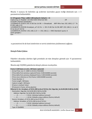 [BEYAZ	
  ŞAPKALI	
  HACKER	
  EĞİTİMİ]	
   BGA	
  
	
  
BİLGİ	
  GÜVENLİĞİ	
  AKADEMİSİ	
  |	
  Sniffer	
  Olarak	
  Snort	
   181	
  
	
  
Mesela	
   3	
   numara	
   ile	
   belirtilen	
   ağ	
   arabirimi	
   üzerinden	
   geçen	
   trafiği	
   dinlemek	
   için	
   –i	
   3	
  
parametresi	
  kullanılabilir.	
  
C:Program Files (x86)Wireshark>tshark -i 3
Capturing on Realtek 10/100/1000 Ethernet NIC (M
icrosoft's Packet Scheduler)
1232894570.253072 00:1f:d0:5a:1b:96 -> Broadcast ARP Who has 192.168.2.1? Te
ll 192.168.2.23
1232894570.253436 Arcadyan_a7:22:5c -> 00:1f:d0:5a:1b:96 ARP 192.168.2.1 is at 0
0:1a:2a:a7:22:5c
1232894570.253442 192.168.2.23 -> 192.168.2.1 DNS Standard query A
www.google.c
Om
-­‐n	
  parametresi	
  ile	
  de	
  host	
  isimlerinin	
  ve	
  servis	
  isimlerinin	
  çözülmemesi	
  sağlanır.	
  
Detaylı	
  Paket	
  Çıktısı	
  
Paketleri	
   ekrandan	
   izlerken	
   ilgili	
   protokole	
   ait	
   tüm	
   detayları	
   görmek	
   için	
   -­‐V	
   parametresi	
  
kullanılabilir.	
  	
  
Mesela	
  udp	
  53(DNS)	
  paketlerini	
  detaylı	
  çıktısını	
  inceleyelim.	
  
Frame	
  2	
  (100	
  bytes	
  on	
  wire,	
  100	
  bytes	
  captured)	
  
	
  	
  	
  	
  Arrival	
  Time:	
  Jan	
  17,	
  2009	
  11:54:34.174323000	
  
	
  	
  	
  	
  [Time	
  delta	
  from	
  previous	
  captured	
  frame:	
  0.001332000	
  seconds]	
  
	
  	
  	
  	
  [Time	
  delta	
  from	
  previous	
  displayed	
  frame:	
  0.001332000	
  seconds]	
  
	
  	
  	
  	
  [Time	
  since	
  reference	
  or	
  first	
  frame:	
  0.001332000	
  seconds]	
  
	
  	
  	
  	
  Frame	
  Number:	
  2	
  
	
  	
  	
  	
  Frame	
  Length:	
  100	
  bytes	
  
	
  	
  	
  	
  Capture	
  Length:	
  100	
  bytes	
  
	
  	
  	
  	
  [Frame	
  is	
  marked:	
  False]	
  
	
  	
  	
  	
  [Protocols	
  in	
  frame:	
  eth:ip:udp:dns]	
  
Ethernet	
  II,	
  Src:	
  Arcadyan_a7:22:5c	
  (00:1a:2a:a7:22:5c),	
  Dst:	
  Giga-­‐Byt_5a:1b:96	
  (00:1f:d0:5a:1b:96)	
  
	
  	
  	
  	
  Destination:	
  Giga-­‐Byt_5a:1b:96	
  (00:1f:d0:5a:1b:96)	
  
	
  	
  	
  	
  	
  	
  	
  	
  Address:	
  Giga-­‐Byt_5a:1b:96	
  (00:1f:d0:5a:1b:96)	
  
	
  	
  	
  	
  	
  	
  	
  	
  ....	
  ...0	
  ....	
  ....	
  ....	
  ....	
  =	
  IG	
  bit:	
  Individual	
  address	
  (unicast)	
  
	
  	
  	
  	
  	
  	
  	
  	
  ....	
  ..0.	
  ....	
  ....	
  ....	
  ....	
  =	
  LG	
  bit:	
  Globally	
  unique	
  address	
  (factory	
  default)	
  
	
  	
  	
  	
  Source:	
  Arcadyan_a7:22:5c	
  (00:1a:2a:a7:22:5c)	
  
	
  	
  	
  	
  	
  	
  	
  	
  Address:	
  Arcadyan_a7:22:5c	
  (00:1a:2a:a7:22:5c)	
  
	
  	
  	
  	
  	
  	
  	
  	
  ....	
  ...0	
  ....	
  ....	
  ....	
  ....	
  =	
  IG	
  bit:	
  Individual	
  address	
  (unicast)	
  
	
  	
  	
  	
  	
  	
  	
  	
  ....	
  ..0.	
  ....	
  ....	
  ....	
  ....	
  =	
  LG	
  bit:	
  Globally	
  unique	
  address	
  (factory	
  default)	
  
	
  	
  	
  	
  Type:	
  IP	
  (0x0800)	
  
 