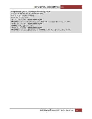 [BEYAZ	
  ŞAPKALI	
  HACKER	
  EĞİTİMİ]	
   BGA	
  
	
  
BİLGİ	
  GÜVENLİĞİ	
  AKADEMİSİ	
  |	
  Sniffer	
  Olarak	
  Snort	
   190	
  
	
  
[root@mail	
  ~]#	
  ngrep	
  -­‐q	
  -­‐i	
  'rcpt	
  to:|mail	
  from:'	
  tcp	
  port	
  25	
  
interface:	
  rl0	
  (111.111.111.11/255.255.255.248)	
  
filter:	
  (ip	
  or	
  ip6)	
  and	
  (	
  tcp	
  port	
  25	
  )	
  
match:	
  rcpt	
  to:|mail	
  from:	
  
T	
  213.154.215.92:4257	
  -­‐>	
  80.93.212.86:25	
  [AP]	
  
	
  	
  MAIL	
  FROM:	
  <soonmantse@barbara.com>..RCPT	
  TO:	
  <robertgray@asninvest.ru>..DATA..	
  
T	
  87.212.128.168:1284	
  -­‐>	
  80.93.212.86:25	
  [AP]	
  
	
  	
  RCPT	
  TO:	
  <rich_vip@asninvest.ru>..	
  
T	
  77.123.113.49:14892	
  -­‐>	
  80.93.212.86:25	
  [AP]	
  
	
  	
  MAIL	
  FROM:	
  <sphsophie@hotmail.com>..RCPT	
  TO:	
  <salat-­‐afonya@asninvest.ru>..DATA..	
  
	
  
	
  
	
   	
  
 