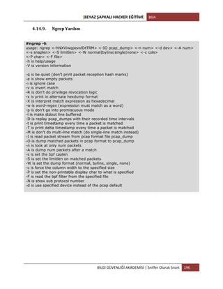 [BEYAZ	
  ŞAPKALI	
  HACKER	
  EĞİTİMİ]	
   BGA	
  
	
  
BİLGİ	
  GÜVENLİĞİ	
  AKADEMİSİ	
  |	
  Sniffer	
  Olarak	
  Snort	
   196	
  
	
  
4.14.9. Ngrep	
  Yardım	
  	
  
	
  
#ngrep -h
usage: ngrep <-hNXViwqpevxlDtTRM> <-IO pcap_dump> <-n num> <-d dev> <-A num>
<-s snaplen> <-S limitlen> <-W normal|byline|single|none> <-c cols>
<-P char> <-F file>
-h is help/usage
-V is version information
-q is be quiet (don’t print packet reception hash marks)
-e is show empty packets
-i is ignore case
-v is invert match
-R is don’t do privilege revocation logic
-x is print in alternate hexdump format
-X is interpret match expression as hexadecimal
-w is word-regex (expression must match as a word)
-p is don’t go into promiscuous mode
-l is make stdout line buffered
-D is replay pcap_dumps with their recorded time intervals
-t is print timestamp every time a packet is matched
-T is print delta timestamp every time a packet is matched
-M is don’t do multi-line match (do single-line match instead)
-I is read packet stream from pcap format file pcap_dump
-O is dump matched packets in pcap format to pcap_dump
-n is look at only num packets
-A is dump num packets after a match
-s is set the bpf caplen
-S is set the limitlen on matched packets
-W is set the dump format (normal, byline, single, none)
-c is force the column width to the specified size
-P is set the non-printable display char to what is specified
-F is read the bpf filter from the specified file
-N is show sub protocol number
-d is use specified device instead of the pcap default
 