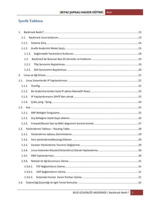 [BEYAZ	
  ŞAPKALI	
  HACKER	
  EĞİTİMİ]	
   BGA	
  
	
  
BİLGİ	
  GÜVENLİĞİ	
  AKADEMİSİ	
  |	
  Backtrack	
  Nedir?	
   2	
  
	
  
İçerik	
  Tablosu	
  
	
  
1.	
   Backtrack	
  Nedir?	
  ..................................................................................................................................	
  13	
  
1.1.	
   Backtrack	
  Linux	
  kullanımı	
  ..............................................................................................................	
  13	
  
1.1.1.	
   Sisteme	
  Giriş	
  ..............................................................................................................................	
  14	
  
1.1.2.	
   Grafik	
  Arabirimli	
  Moda	
  Geçiş	
  .....................................................................................................	
  15	
  
1.1.3.	
   Dağıtımdaki	
  Yazılımların	
  Kullanımı	
  .........................................................................................	
  18	
  
1.2.	
   Backtrack’de	
  Bulunan	
  Bazı	
  Ek	
  Servisler	
  ve	
  Kullanımı	
  ................................................................	
  19	
  
1.2.1.	
   Tftp	
  Servisinin	
  Başlatılması	
  ....................................................................................................	
  19	
  
1.2.2.	
   SSH	
  Servisisinin	
  Başlatılması	
  ..................................................................................................	
  20	
  
2.	
   Linux	
  ve	
  Ağ	
  Ortamı	
  ...............................................................................................................................	
  21	
  
1.1.	
   Linux	
  Sistemlerde	
  IP	
  Yapılandırması	
  .................................................................................................	
  22	
  
1.1.1.	
   ifconfig	
  .......................................................................................................................................	
  22	
  
1.1.2.	
   Bir	
  Arabirime	
  birden	
  fazla	
  IP	
  adresi	
  Atama(IP	
  Alias)	
  ..................................................................	
  23	
  
1.1.3.	
   IP	
  Yapılandırmasını	
  DHCP’den	
  almak	
  .........................................................................................	
  23	
  
1.1.4.	
   Çoklu	
  ping	
  -­‐	
  fping	
  .......................................................................................................................	
  24	
  
1.2.	
   Arp	
  ....................................................................................................................................................	
  25	
  
1.2.1.	
   ARP	
  Belleğini	
  Sorgulama	
  ............................................................................................................	
  25	
  
1.2.2.	
   Arp	
  Belleğine	
  Statik	
  Kayıt	
  ekleme	
  ..............................................................................................	
  26	
  
1.2.3.	
   Firewall/Router'dan	
  Ip-­‐MAC	
  degisimini	
  kontrol	
  etmek	
  .............................................................	
  27	
  
1.3.	
   Yönlendirme	
  Tablosu	
  –	
  Routing	
  Table	
  ..............................................................................................	
  28	
  
1.3.1.	
   Yönlendirme	
  tablosu	
  Görüntüleme	
  ...........................................................................................	
  29	
  
1.3.2.	
   Yeni	
  yönlendirme(Routing)	
  Ekleme	
  ...........................................................................................	
  29	
  
1.3.3.	
   Varolan	
  Yönlendirme	
  Tanımını	
  Değiştirme	
  ................................................................................	
  29	
  
1.3.4.	
   Linux	
  Sistemleri	
  Router(Yönlendirici)	
  Olarak	
  Yapılandırma	
  .......................................................	
  30	
  
1.3.5.	
   DNS	
  Yapılandırması	
  ....................................................................................................................	
  30	
  
1.3.6.	
   Netstat	
  ile	
  Ağ	
  Durumunu	
  İzleme	
  ................................................................................................	
  31	
  
1.3.6.1.	
   TCP	
  Bağlantılarını	
  İzleme	
  .....................................................................................................	
  31	
  
1.3.6.2.	
   UDP	
  Bağlantılarını	
  İzleme	
  ....................................................................................................	
  31	
  
1.3.6.3.	
   Sistemde	
  Hizmet	
  	
  Veren	
  Portları	
  İzleme	
  .............................................................................	
  31	
  
1.4.	
   Sistem/Ağ	
  Güvenliği	
  ile	
  ilgili	
  Temel	
  Komutlar	
  ...................................................................................	
  32	
  
 
