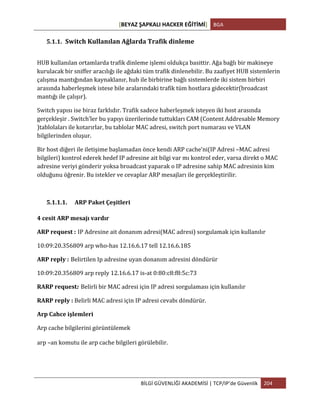 [BEYAZ	
  ŞAPKALI	
  HACKER	
  EĞİTİMİ]	
   BGA	
  
	
  
BİLGİ	
  GÜVENLİĞİ	
  AKADEMİSİ	
  |	
  TCP/IP’de	
  Güvenlik	
   204	
  
	
  
5.1.1. Switch	
  Kullanılan	
  Ağlarda	
  Trafik	
  dinleme	
  
HUB	
  kullanılan	
  ortamlarda	
  trafik	
  dinleme	
  işlemi	
  oldukça	
  basittir.	
  Ağa	
  bağlı	
  bir	
  makineye	
  
kurulacak	
  bir	
  sniffer	
  aracılığı	
  ile	
  ağdaki	
  tüm	
  trafik	
  dinlenebilir.	
  Bu	
  zaafiyet	
  HUB	
  sistemlerin	
  
çalışma	
  mantığından	
  kaynaklanır,	
  hub	
  ile	
  birbirine	
  bağlı	
  sistemlerde	
  iki	
  sistem	
  birbiri	
  
arasında	
  haberleşmek	
  istese	
  bile	
  aralarındaki	
  trafik	
  tüm	
  hostlara	
  gidecektir(broadcast	
  
mantığı	
  ile	
  çalışır).	
  	
  
Switch	
  yapısı	
  ise	
  biraz	
  farklıdır.	
  Trafik	
  sadece	
  haberleşmek	
  isteyen	
  iki	
  host	
  arasında	
  
gerçekleşir	
  .	
  Switch’ler	
  bu	
  yapıyı	
  üzerilerinde	
  tuttukları	
  CAM	
  (Content	
  Addresable	
  Memory	
  
)tablolaları	
  ile	
  kotarırlar,	
  bu	
  tablolar	
  MAC	
  adresi,	
  switch	
  port	
  numarası	
  ve	
  VLAN	
  
bilgilerinden	
  oluşur.	
  	
  
Bir	
  host	
  diğeri	
  ile	
  iletişime	
  başlamadan	
  önce	
  kendi	
  ARP	
  cache’ni(IP	
  Adresi	
  –MAC	
  adresi	
  
bilgileri)	
  kontrol	
  ederek	
  hedef	
  IP	
  adresine	
  ait	
  bilgi	
  var	
  mı	
  kontrol	
  eder,	
  varsa	
  direkt	
  o	
  MAC
adresine	
  veriyi	
  gönderir	
  yoksa	
  broadcast	
  yaparak	
  o	
  IP	
  adresine	
  sahip	
  MAC	
  adresinin	
  kim	
  
olduğunu	
  öğrenir.	
  Bu	
  istekler	
  ve	
  cevaplar	
  ARP	
  mesajları	
  ile	
  gerçekleştirilir.
5.1.1.1. ARP	
  Paket	
  Çeşitleri	
  
4	
  cesit	
  ARP	
  mesajı	
  vardır
ARP	
  request	
  : IP	
  Adresine	
  ait	
  donanım	
  adresi(MAC	
  adresi)	
  sorgulamak	
  için	
  kullanılır
10:09:20.356809	
  arp	
  who-­‐has	
  12.16.6.17	
  tell	
  12.16.6.185
ARP	
  reply	
  : Belirtilen	
  Ip	
  adresine	
  uyan	
  donanım	
  adresini	
  döndürür
10:09:20.356809	
  arp	
  reply	
  12.16.6.17	
  is-­‐at	
  0:80:c8:f8:5c:73
RARP	
  request: Belirli	
  bir	
  MAC	
  adresi	
  için	
  IP	
  adresi	
  sorgulaması	
  için	
  kullanılır
RARP	
  reply	
  :	
  Belirli	
  MAC	
  adresi	
  için	
  IP	
  adresi	
  cevabı	
  döndürür.
Arp	
  Cahce	
  işlemleri
Arp	
  cache	
  bilgilerini	
  görüntülemek	
  	
  
	
  
arp	
  –an	
  komutu	
  ile	
  arp	
  cache	
  bilgileri	
  görülebilir.
 