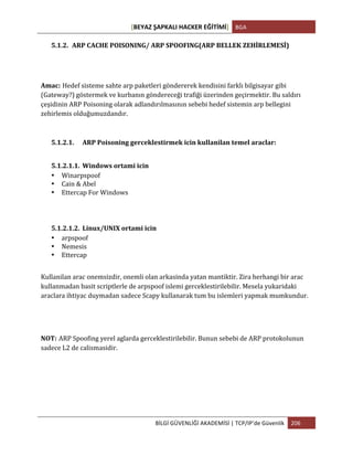 [BEYAZ	
  ŞAPKALI	
  HACKER	
  EĞİTİMİ]	
   BGA	
  
	
  
BİLGİ	
  GÜVENLİĞİ	
  AKADEMİSİ	
  |	
  TCP/IP’de	
  Güvenlik	
   206	
  
	
  
5.1.2. ARP	
  CACHE	
  POISONING/	
  ARP	
  SPOOFING(ARP	
  BELLEK	
  ZEHİRLEMESİ)	
  
Amac: Hedef	
  sisteme	
  sahte	
  arp	
  paketleri	
  göndererek	
  kendisini	
  farklı	
  bilgisayar	
  gibi	
  
(Gateway?)	
  göstermek	
  ve	
  kurbanın	
  göndereceği	
  trafiği	
  üzerinden	
  geçirmektir.	
  Bu	
  saldırı
çeşidinin	
  ARP	
  Poisoning	
  olarak	
  adlandırılmasının	
  sebebi	
  hedef	
  sistemin	
  arp	
  bellegini	
  
zehirlemis	
  olduğumuzdandır.
5.1.2.1. ARP	
  Poisoning	
  gerceklestirmek	
  icin	
  kullanilan	
  temel	
  araclar:	
  
5.1.2.1.1. Windows	
  ortami	
  icin	
  
• Winarpspoof	
  
• Cain	
  &	
  Abel	
  
• Ettercap	
  For	
  Windows	
  
5.1.2.1.2. Linux/UNIX	
  ortami	
  icin	
  
• arpspoof	
  
• Nemesis	
  
• Ettercap	
  
Kullanilan	
  arac	
  onemsizdir,	
  onemli	
  olan	
  arkasinda	
  yatan	
  mantiktir.	
  Zira	
  herhangi	
  bir	
  arac	
  
kullanmadan	
  basit	
  scriptlerle	
  de	
  arpspoof	
  islemi	
  gerceklestirilebilir.	
  Mesela	
  yukaridaki	
  
araclara	
  ihtiyac	
  duymadan	
  sadece	
  Scapy	
  kullanarak	
  tum	
  bu	
  islemleri	
  yapmak	
  mumkundur.	
  
NOT: ARP	
  Spoofing	
  yerel	
  aglarda	
  gerceklestirilebilir.	
  Bunun	
  sebebi	
  de	
  ARP	
  protokolunun	
  
sadece	
  L2	
  de	
  calismasidir.
	
  
	
  
	
  
 