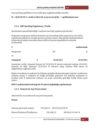 [BEYAZ	
  ŞAPKALI	
  HACKER	
  EĞİTİMİ]	
   BGA	
  
	
  
BİLGİ	
  GÜVENLİĞİ	
  AKADEMİSİ	
  |	
  TCP/IP’de	
  Güvenlik	
   208	
  
	
  
Arp	
  spoofing	
  yapıldıktan	
  sonra	
  trafik	
  akışı	
  aşağıdaki	
  şekilde	
  olacaktır.
B-­‐-­‐-­‐-­‐A(10.10.10.3	
  :	
  aa:bb:cc:dd:ee:ff,	
  xx:yy:zz:ww:jj:ll)-­‐-­‐-­‐-­‐-­‐>gizlibankam.com
5.1.4. ARP	
  Spoofing	
  Uygulaması	
  /	
  Pratik	
  
Kurulumların	
  gerçekleştirildiği	
  C	
  makinesi	
  üzerinde	
  yapılması	
  gerekenler;	
  	
  
Fragrouter	
  programını	
  kullanarak	
  basitce	
  ip_forwarding	
  islemi	
  yaptırıyoruz,	
  bu	
  islemi	
  
yaparkende	
  paketlerin	
  icerigini	
  gormse	
  şansımız	
  oluyor.	
  Arka	
  planda	
  tcpdump	
  komutu	
  
çalıştırılarak	
  makine	
  üzerinden	
  akan	
  trafik	
  bir	
  dosyaya	
  kaydedilerek	
  sonradan	
  
incelenebilir.	
  
C	
   makinesinde	
  	
  
	
  
#fragrouter	
   –B1	
   &
Ve
#arpspoof	
   –t	
   10.10.10.2	
   10.10.10.1
komutuları	
  verilir.	
  Arpspoof	
  komutu	
  ile	
  10.10.10.2	
  IP	
  adresli	
  makinede	
  tutulan	
  10.10.10.1	
  
adresine	
   ait	
   MAC	
   adresinin	
   10.10.10.3	
   IP	
   adresine	
   sahip	
   makinin	
   MAC	
   adresi	
   ile	
  
değiştirilmesi	
  sağlanmış	
  oldu.	
  	
  
Böylece	
  B	
  makinesi	
  A	
  makinesi	
  ile	
  iletişime	
  geçtiğini	
  düşünerek	
  paketi	
  aslında	
  C	
  makinesine	
  
yollamış	
   oluyor.	
   C	
   makinesi	
   de	
   trafiği	
   üzerinden	
   geçirerek	
   asıl	
   hedefine	
   ulaştırıyor	
   ve	
  
cevabını	
   yine	
   B	
   makinesine	
   yolluyor,	
   bu	
   arada	
   üzerinden	
   geçirdiği	
   trafiği	
   izleme	
   şansı	
  
oluyor.	
  	
  
NOT:C	
  makinesinde	
  herhangi	
  bir	
  IP	
  adresi	
  değişikliği	
  yapılmamıştır
5.1.5. Nemesis	
  ile	
  Arp	
  Poison	
  işlemi	
  	
  
Alternatif	
  bir	
  araç	
  kullanarak	
  arp	
  poisoning	
  işlemi.	
  
Ortam:	
  	
  
Gateway	
  görevinde	
  modem	
  	
  	
   192.168.1.1	
  	
  	
  	
  	
  00:13:64:22:39:3F	
  
Masum	
  Windows	
  XP	
  kullanıcısı	
   	
   192.168.1.2	
   	
   00-­‐04-­‐61-­‐47-­‐da-­‐74	
  
 