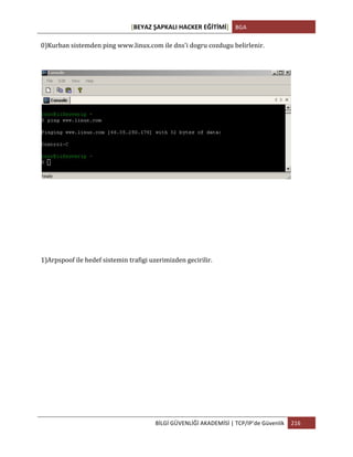 [BEYAZ	
  ŞAPKALI	
  HACKER	
  EĞİTİMİ]	
   BGA	
  
	
  
BİLGİ	
  GÜVENLİĞİ	
  AKADEMİSİ	
  |	
  TCP/IP’de	
  Güvenlik	
   216	
  
	
  
0)Kurban	
  sistemden	
  ping	
  www.linux.com	
  ile	
  dns'i	
  dogru	
  cozdugu	
  belirlenir.	
  
	
  
1)Arpspoof	
  ile	
  hedef	
  sistemin	
  trafigi	
  uzerimizden	
  gecirilir.	
  
 
