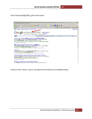 [BEYAZ	
  ŞAPKALI	
  HACKER	
  EĞİTİMİ]	
   BGA	
  
	
  
BİLGİ	
  GÜVENLİĞİ	
  AKADEMİSİ	
  |	
  TCP/IP’de	
  Güvenlik	
   226	
  
	
  
Paros	
  Sonrası(değişiklik)	
  	
  gelen	
  web	
  sayfası	
  
	
  
Arama	
  terimi	
  «	
  beyaz	
  »	
  paros	
  aracılığı	
  ile	
  kara	
  kelimesi	
  ile	
  yerdeğiştirmiştir.	
  
 