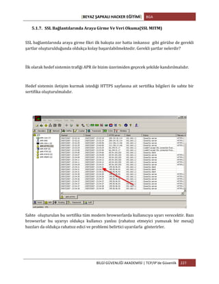 [BEYAZ	
  ŞAPKALI	
  HACKER	
  EĞİTİMİ]	
   BGA	
  
	
  
BİLGİ	
  GÜVENLİĞİ	
  AKADEMİSİ	
  |	
  TCP/IP’de	
  Güvenlik	
   227	
  
	
  
5.1.7. SSL	
  Bağlantılarında	
  Araya	
  Girme	
  Ve	
  Veri	
  Okuma(SSL	
  MITM)	
  
SSL	
  bağlantılarında	
  araya	
  girme	
  fikri	
  ilk	
  bakışta	
  zor	
  hatta	
  imkansız	
  	
  gibi	
  görülse	
  de	
  gerekli	
  
şartlar	
  oluşturulduğunda	
  oldukça	
  kolay	
  başarılabilmektedir.	
  Gerekli	
  şartlar	
  nelerdir?	
  
	
  
İlk	
  olarak	
  hedef	
  sistemin	
  trafiği	
  APR	
  ile	
  bizim	
  üzerimiden	
  geçecek	
  şekilde	
  kandırılmalıdır.	
  	
  
	
  
Hedef	
  sistemin	
  iletişim	
  kurmak	
  istediği	
  HTTPS	
  sayfasına	
  ait	
  sertifika	
  bilgileri	
  ile	
  sahte	
  bir	
  
sertifika	
  oluşturulmalıdır.	
  
	
  
Sahte	
  	
  oluşturulan	
  bu	
  sertifika	
  tüm	
  modern	
  browserlarda	
  kullanıcıya	
  uyarı	
  verecektir.	
  Bazı	
  
browserlar	
   bu	
   uyarıyı	
   oldukça	
   kullanıcı	
   yanlısı	
   (rahatsız	
   etmeyici	
   yumusak	
   bir	
   mesaj)	
  
bazıları	
  da	
  oldukça	
  rahatsız	
  edici	
  ve	
  problemi	
  belirtici	
  uyarılarla	
  	
  gösterirler.	
  
 