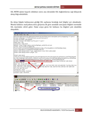 [BEYAZ	
  ŞAPKALI	
  HACKER	
  EĞİTİMİ]	
   BGA	
  
	
  
BİLGİ	
  GÜVENLİĞİ	
  AKADEMİSİ	
  |	
  TCP/IP’de	
  Güvenlik	
   229	
  
	
  
SSL	
  MITM	
  işlemi	
  başarılı	
  olduktan	
  sonra	
  ana	
  ekrandaki	
  SSL	
  bağlantılarına	
  sağ	
  tıklayarak	
  
detay	
  bilgi	
  edinilebilir.	
  	
  
	
  
Bu	
   detay	
   bilgide	
   kullanıcının	
   girdiği	
   SSL	
   sayfasına	
   bıraktığı	
   özel	
   bilgiler	
   yer	
   almaktadır.	
  
Mesela	
  kullanıcı	
  mail.yahoo.com’a	
  giriyorsa	
  ilk	
  giris	
  anındaki	
  user/pass	
  bilgileri	
  normalde	
  
SSL	
   üzerinden	
   sifreli	
   gider.	
   Fakat	
   araya	
   giren	
   bir	
   kullanıcı	
   bu	
   bilgileri	
   çok	
   rahatlıkla	
  
okuyabilir.	
  
	
  
	
  
 