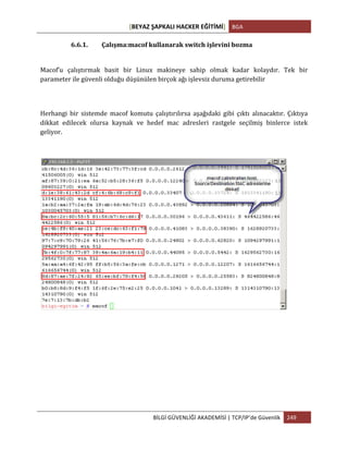 [BEYAZ	
  ŞAPKALI	
  HACKER	
  EĞİTİMİ]	
   BGA	
  
	
  
BİLGİ	
  GÜVENLİĞİ	
  AKADEMİSİ	
  |	
  TCP/IP’de	
  Güvenlik	
   249	
  
	
  
6.6.1. Çalışma:macof	
  kullanarak	
  switch	
  işlevini	
  bozma
Macof’u	
   çalıştırmak	
   basit	
   bir	
   Linux	
   makineye	
   sahip	
   olmak	
   kadar	
   kolaydır.	
   Tek	
   bir	
  
parameter	
  ile	
  güvenli	
  olduğu	
  düşünülen	
  birçok	
  ağı	
  işlevsiz	
  duruma	
  getirebilir	
  
	
  
Herhangi	
   bir	
   sistemde	
   macof	
   komutu	
   çalıştırılırsa	
   aşağıdaki	
   gibi	
   çıktı	
   alınacaktır.	
   Çıktıya	
  
dikkat	
   edilecek	
   olursa	
   kaynak	
   ve	
   hedef	
   mac	
   adresleri	
   rastgele	
   seçilmiş	
   binlerce	
   istek	
  
geliyor.	
  
	
  
 
