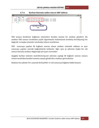 [BEYAZ	
  ŞAPKALI	
  HACKER	
  EĞİTİMİ]	
   BGA	
  
	
  
BİLGİ	
  GÜVENLİĞİ	
  AKADEMİSİ	
  |	
  Kurban	
  Sistemin	
  saldırı	
  öncesi	
  ARP	
  tablosu	
   253	
  
	
  
6.7.4. Kurban	
  Sistemin	
  saldırı	
  öncesi	
  ARP	
  tablosu	
  
	
  
SSH	
   sunucu	
   kendisine	
   bağlanan	
   istemcilere	
   kendini	
   tanıtan	
   bir	
   anahtar	
   gönderir.	
   Bu	
  
anahtar	
  SSH	
  sunucu	
  tarafından	
  çeşitli	
  algoritmalar	
  kullanılarak	
  üretilmiş	
  biricik(uniq)	
  bir	
  
değerdir	
  ve	
  başka	
  sistemler	
  tarafından	
  tekrarı	
  üretilemez.	
  
SSH	
   	
   sunucuya	
   yapılan	
   ilk	
   bağlantı	
   sonrası	
   alınan	
   anahtar	
   sistemde	
   saklanır	
   ve	
   aynı	
  
sunucuya	
   yapılan	
   sonraki	
   bağlantılarda	
   kullanılır.	
   Eğer	
   aynı	
   ip	
   adresine	
   başka	
   bir	
   ssh	
  
sunucu	
  kurulsa	
  anahtar	
  değişeceği	
  için	
  uyarı	
  verecektir.	
  	
  
Aşağıda	
   kurban	
   sistemin	
   mail.lifeoverip.net	
   adresine	
   yaptığı	
   ilk	
   bağlantı	
   sonrası	
   sunucu	
  
sistem	
  tarafından	
  kendini	
  tanıtma	
  amaçlı	
  gönderilen	
  anahtarı	
  göreceksiniz.	
  
Kullanıcı	
  bu	
  çıktıda	
  Yes’	
  yazarak	
  ilerleyebilir	
  ve	
  ssh	
  sunucuya	
  bağlantı	
  hakkı	
  kazanır.	
  
	
  
 
