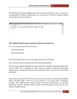 [BEYAZ	
  ŞAPKALI	
  HACKER	
  EĞİTİMİ]	
   BGA	
  
	
  
BİLGİ	
  GÜVENLİĞİ	
  AKADEMİSİ	
  |	
  Kurban	
  Sistemin	
  saldırı	
  öncesi	
  ARP	
  tablosu	
   258	
  
	
  
	
  
ARP	
  zehirlemenin	
  başarılı	
  olduğu	
  kurban	
  sistem	
  üzerinde	
  çalıştırılacak	
  arp	
  –an	
  komutu	
  ile	
  
de	
   öğrenilebilir.	
   Çıktıdan	
   da	
   görüleceği	
   üzere	
   araya	
   giren	
   192.168.1.2	
   makinesi	
   kendini	
  
Gateway	
  gibi	
  göstermeyi	
  başarmış.	
  
	
  
	
  
	
  
	
  
NOT:	
  Ağdaki	
  ArpSpoof	
  yapan	
  makineleri	
  bulmanın	
  en	
  kolay	
  yolu.	
  
bt	
  ~	
  #	
  arp	
  -­‐an|	
  awk	
  '{print	
  $4}'|	
  sort	
  |uniq	
  -­‐c	
  
	
  	
  	
  	
  	
  	
  1	
  00:13:64:22:39:3F	
  
	
  	
  	
  	
  	
  	
  2	
  00:19:D2:38:6E:45	
  
	
  
Birden	
  fazla	
  makine	
  aynı	
  mac	
  adresine	
  sahip	
  ise	
  problem	
  var	
  demektir.	
  
ARP	
  zehirlemesi	
  başarılı	
  olduktan	
  sonra	
  SSH	
  saldırısına	
  geçebiliriz.	
  
SSH	
  saldırısında	
  başarılı	
  olabilmek	
  için	
  sunucunun	
  SSH	
  1	
  desteklemesi	
  gerekmektedir.	
  Eğer	
  
sunucu	
   sadece	
   SSH	
   2	
   destekliyorsa	
   saldırı	
   başarısız	
   olacaktır.	
   Günümüz	
   sistemlerinin	
  
çoğunda	
   geriye	
   uyumluluk(?)	
   açısından	
   olsa	
   gerek	
   hem	
   SSH	
   1	
   hem	
   de	
   SSH	
   2	
   protokolü	
  
desteklenir.	
  
	
  
Sshd_config	
   dosyasındaki	
   Protocol	
   satırı	
   ssh	
   sunucunun	
   hangi	
   versiyonları	
   desteklediğini	
  
belirtir.	
   Buradaki	
   değer	
   	
   Protocol	
   1,2	
   ya	
   da	
   Protocol	
   2,1	
   ise	
   sunucu	
   SSH	
   1	
   destekliyor	
  
demektir.	
   SSH	
   bağlantılarında	
   hangi	
   protokol	
   sürümünün	
   kullanılacağı	
   ssh	
   oturumu	
  
başlamadan	
  seçilir	
  ve	
  şifrelenmemiş	
  bir	
  trafiktir.	
  Bunu	
  Wireshark	
  ya	
  da	
  benzeri	
  bir	
  araç	
  
kullanarak	
  izleyebilirsiniz.	
  
 