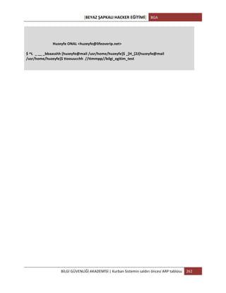 [BEYAZ	
  ŞAPKALI	
  HACKER	
  EĞİTİMİ]	
   BGA	
  
	
  
BİLGİ	
  GÜVENLİĞİ	
  AKADEMİSİ	
  |	
  Kurban	
  Sistemin	
  saldırı	
  öncesi	
  ARP	
  tablosu	
   262	
  
	
  
	
  
	
  	
  	
  	
  	
  	
  	
  	
  	
  	
  	
  	
  	
  	
  	
  	
  	
  	
  	
  	
  	
  	
  	
  	
  	
  	
  	
  	
  	
  	
  	
  	
  	
  	
  	
  	
  	
  	
  	
  	
  	
  	
  	
  	
  	
  	
  	
  	
  	
  	
  	
  	
  	
  	
  	
  	
  	
  	
  	
  	
  	
  	
  	
  	
  	
  	
  	
  	
  	
  	
  
	
  
	
   	
   Huzeyfe	
  ONAL	
  <huzeyfe@lifeoverip.net>	
  
	
  
$	
  ^L _	
  __	
  _bbaasshh	
  [huzeyfe@mail	
  /usr/home/huzeyfe]$	
  _[H_[2J[huzeyfe@mail	
  
/usr/home/huzeyfe]$	
  ttoouucchh	
  	
  //ttmmpp//bilgi_egitim_test	
  
	
  
 