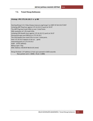[BEYAZ	
  ŞAPKALI	
  HACKER	
  EĞİTİMİ]	
   BGA	
  
	
  
BİLGİ	
  GÜVENLİĞİ	
  AKADEMİSİ	
  |	
  Temel	
  Nmap	
  Kullanımı	
   273	
  
	
  
7.4. Temel	
  Nmap	
  Kullanımı	
  
	
  
	
  
	
  
	
  
	
  
	
  
	
  
	
  
#nmap -P0 172.16.10.2 -v -p 80
	
  
Starting	
  Nmap	
  4.11	
  (	
  http://www.insecure.org/nmap/	
  )	
  at	
  2007-­‐07-­‐04	
  19:37	
  EEST	
  
Initiating	
  ARP	
  Ping	
  Scan	
  against	
  172.16.10.2	
  [1	
  port]	
  at	
  19:37	
  
The	
  ARP	
  Ping	
  Scan	
  took	
  0.00s	
  to	
  scan	
  1	
  total	
  hosts.	
  
DNS	
  resolution	
  of	
  1	
  IPs	
  took	
  0.03s.	
  
Initiating	
  SYN	
  Stealth	
  Scan	
  against	
  172.16.10.2	
  [1	
  port]	
  at	
  19:37	
  
Discovered	
  open	
  port	
  80/tcp	
  on	
  172.16.10.2	
  
The	
  SYN	
  Stealth	
  Scan	
  took	
  0.01s	
  to	
  scan	
  1	
  total	
  ports.	
  
Host	
  172.16.10.2	
  appears	
  to	
  be	
  up	
  ...	
  good.	
  
Interesting	
  ports	
  on	
  172.16.10.2:	
  
PORT	
  	
  	
  STATE	
  SERVICE	
  
80/tcp	
  open	
  	
  http	
  
MAC	
  Address:	
  00:D0:B7:B6:D1:0C	
  (Intel)	
  
	
  
Nmap	
  finished:	
  1	
  IP	
  address	
  (1	
  host	
  up)	
  scanned	
  in	
  0.855	
  seconds	
  
	
  	
  	
  	
  	
  	
  	
  	
  	
  	
  	
  	
  	
  	
  	
  Raw	
  packets	
  sent:	
  2	
  (86B)	
  |	
  Rcvd:	
  2	
  (88B)	
  
 