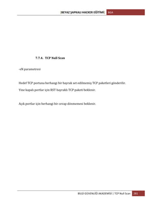 [BEYAZ	
  ŞAPKALI	
  HACKER	
  EĞİTİMİ]	
   BGA	
  
	
  
BİLGİ	
  GÜVENLİĞİ	
  AKADEMİSİ	
  |	
  TCP	
  Null	
  Scan	
   281	
  
	
  
	
  
	
  
	
  
	
  
	
  
7.7.4. TCP	
  Null	
  Scan	
  
	
  
-­‐sN	
  parametresi	
  
	
  
Hedef	
  TCP	
  portuna	
  herhangi	
  bir	
  bayrak	
  set	
  edilmemiş	
  TCP	
  paketleri	
  gönderilir.	
  
Yine	
  kapalı	
  portlar	
  için	
  RST	
  bayraklı	
  TCP	
  paketi	
  beklenir.	
  	
  
	
  
Açık	
  portlar	
  için	
  herhangi	
  bir	
  cevap	
  dönmemesi	
  beklenir.	
  
 