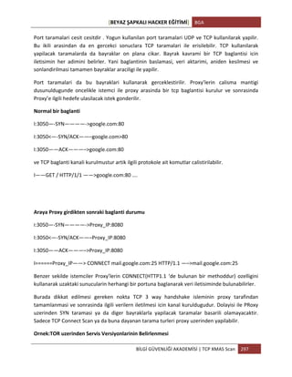 [BEYAZ	
  ŞAPKALI	
  HACKER	
  EĞİTİMİ]	
   BGA	
  
	
  
BİLGİ	
  GÜVENLİĞİ	
  AKADEMİSİ	
  |	
  TCP	
  XMAS	
  Scan	
   297	
  
	
  
Port	
  taramalari	
  cesit	
  cesitdir	
  .	
  Yogun	
  kullanilan	
  port	
  taramalari	
  UDP	
  ve	
  TCP	
  kullanilarak	
  yapilir.	
  
Bu	
   ikili	
   arasindan	
   da	
   en	
   gercekci	
   sonuclara	
   TCP	
   taramalari	
   ile	
   erisilebilir.	
   TCP	
   kullanilarak	
  
yapilacak	
   taramalarda	
   da	
   bayraklar	
   on	
   plana	
   cikar.	
   Bayrak	
   kavrami	
   bir	
   TCP	
   baglantisi	
   icin	
  
iletisimin	
   her	
   adimini	
   belirler.	
   Yani	
   baglantinin	
   baslamasi,	
   veri	
   aktarimi,	
   aniden	
   kesilmesi	
   ve	
  
sonlandirilmasi	
  tamamen	
  bayraklar	
  araciligi	
  ile	
  yapilir.	
  
Port	
   taramalari	
   da	
   bu	
   bayraklari	
   kullanarak	
   gerceklestirilir.	
   Proxy’lerin	
   calisma	
   mantigi	
  
dusunuldugunde	
   oncelikle	
   istemci	
   ile	
   proxy	
   arasinda	
   bir	
   tcp	
   baglantisi	
   kurulur	
   ve	
   sonrasinda	
  
Proxy’e	
  ilgili	
  hedefe	
  ulasilacak	
  istek	
  gonderilir.	
  
Normal	
  bir	
  baglanti	
  
I:3050—-­‐SYN————-­‐>google.com:80	
  
I:3050<—-­‐SYN/ACK——–google.com>80	
  
I:3050——ACK———–>google.com:80	
  
ve	
  TCP	
  baglanti	
  kanali	
  kurulmustur	
  artik	
  ilgili	
  protokole	
  ait	
  komutlar	
  calistirilabilir.	
  
I——GET	
  /	
  HTTP/1/1	
  ——>google.com:80	
  ….	
  
	
  
	
  
Araya	
  Proxy	
  girdikten	
  sonraki	
  baglanti	
  durumu	
  
I:3050—-­‐SYN————-­‐>Proxy_IP:8080	
  
I:3050<—-­‐SYN/ACK——–Proxy_IP:8080	
  
I:3050——ACK———–>Proxy_IP:8080	
  
I======Proxy_IP——>	
  CONNECT	
  mail.google.com:25	
  HTTP/1.1	
  —–>mail.google.com:25	
  
Benzer	
  sekilde	
  istemciler	
  Proxy’lerin	
  CONNECT(HTTP1.1	
  ‘de	
  bulunan	
  bir	
  methoddur)	
  ozelligini	
  
kullanarak	
  uzaktaki	
  sunucularin	
  herhangi	
  bir	
  portuna	
  baglanarak	
  veri	
  iletisiminde	
  bulunabilirler.	
  
Burada	
   dikkat	
   edilmesi	
   gereken	
   nokta	
   TCP	
   3	
   way	
   handshake	
   isleminin	
   proxy	
   tarafindan	
  
tamamlanmasi	
  ve	
  sonrasinda	
  ilgili	
  verilern	
  iletilmesi	
  icin	
  kanal	
  kuruldugudur.	
  Dolayisi	
  ile	
  PRoxy	
  
uzerinden	
   SYN	
   taramasi	
   ya	
   da	
   diger	
   bayraklarla	
   yapilacak	
   taramalar	
   basarili	
   olamayacaktir.	
  
Sadece	
  TCP	
  Connect	
  Scan	
  ya	
  da	
  buna	
  dayanan	
  tarama	
  turleri	
  proxy	
  uzerinden	
  yapilabilir.	
  
Ornek:TOR	
  uzerinden	
  Servis	
  Versiyonlarinin	
  Belirlenmesi	
  
 