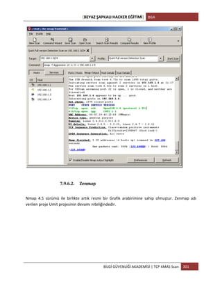 [BEYAZ	
  ŞAPKALI	
  HACKER	
  EĞİTİMİ]	
   BGA	
  
	
  
BİLGİ	
  GÜVENLİĞİ	
  AKADEMİSİ	
  |	
  TCP	
  XMAS	
  Scan	
   301	
  
	
  
	
  
7.9.6.2. Zenmap	
  
Nmap	
   4.5	
   sürümü	
   ile	
   birlikte	
   artık	
   resmi	
   bir	
   Grafik	
   arabirimine	
   sahip	
   olmuştur.	
   Zenmap	
   adı	
  
verilen	
  proje	
  Umit	
  projesinin	
  devamı	
  niteliğindedir.	
  	
  
 