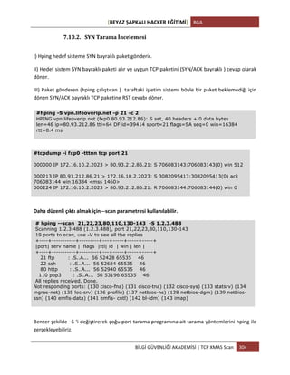 [BEYAZ	
  ŞAPKALI	
  HACKER	
  EĞİTİMİ]	
   BGA	
  
	
  
BİLGİ	
  GÜVENLİĞİ	
  AKADEMİSİ	
  |	
  TCP	
  XMAS	
  Scan	
   304	
  
	
  
7.10.2. SYN	
  Tarama	
  İncelemesi	
  
I)	
  Hping	
  hedef	
  sisteme	
  SYN	
  bayraklı	
  paket	
  gönderir.	
  
II)	
  Hedef	
  sistem	
  SYN	
  bayraklı	
  paketi	
  alır	
  ve	
  uygun	
  TCP	
  paketini	
  (SYN/ACK	
  bayraklı	
  )	
  cevap	
  olarak	
  
döner.	
  
III)	
  Paket	
  gönderen	
  (hping	
  çalıştıran	
  )	
  	
  taraftaki	
  işletim	
  sistemi	
  böyle	
  bir	
  paket	
  beklemediği	
  için	
  
dönen	
  SYN/ACK	
  bayraklı	
  TCP	
  paketine	
  RST	
  cevabı	
  döner.	
  
#tcpdump -i fxp0 -tttnn tcp port 21
000000 IP 172.16.10.2.2023 > 80.93.212.86.21: S 706083143:706083143(0) win 512
000213 IP 80.93.212.86.21 > 172.16.10.2.2023: S 3082095413:3082095413(0) ack
706083144 win 16384 <mss 1460>
000224 IP 172.16.10.2.2023 > 80.93.212.86.21: R 706083144:706083144(0) win 0
Daha	
  düzenli	
  çıktı	
  almak	
  için	
  -­‐-­‐scan	
  parametresi	
  kullanılabilir.	
  
# hping --scan 21,22,23,80,110,130-143 -S 1.2.3.488
Scanning 1.2.3.488 (1.2.3.488), port 21,22,23,80,110,130-143
19 ports to scan, use -V to see all the replies
+----+-----------+---------+---+-----+-----+-----+
|port| serv name | flags |ttl| id | win | len |
+----+-----------+---------+---+-----+-----+-----+
21 ftp : .S..A... 56 52428 65535 46
22 ssh : .S..A... 56 52684 65535 46
80 http : .S..A... 56 52940 65535 46
110 pop3 : .S..A... 56 53196 65535 46
All replies received. Done.
Not responding ports: (130 cisco-fna) (131 cisco-tna) (132 cisco-sys) (133 statsrv) (134
ingres-net) (135 loc-srv) (136 profile) (137 netbios-ns) (138 netbios-dgm) (139 netbios-
ssn) (140 emfis-data) (141 emfis- cntl) (142 bl-idm) (143 imap)
Benzer	
  şekilde	
  –S	
  ‘i	
  değiştirerek	
  çoğu	
  port	
  tarama	
  programına	
  ait	
  tarama	
  yöntemlerini	
  hping	
  ile	
  
gerçekleyebiliriz.	
  
#hping -S vpn.lifeoverip.net -p 21 -c 2
HPING vpn.lifeoverip.net (fxp0 80.93.212.86): S set, 40 headers + 0 data bytes
len=46 ip=80.93.212.86 ttl=64 DF id=39414 sport=21 flags=SA seq=0 win=16384
rtt=0.4 ms
 