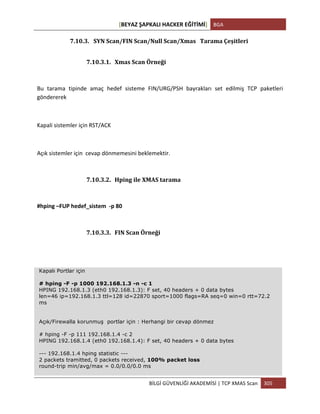 [BEYAZ	
  ŞAPKALI	
  HACKER	
  EĞİTİMİ]	
   BGA	
  
	
  
BİLGİ	
  GÜVENLİĞİ	
  AKADEMİSİ	
  |	
  TCP	
  XMAS	
  Scan	
   305	
  
	
  
7.10.3. SYN	
  Scan/FIN	
  Scan/Null	
  Scan/Xmas	
  	
  	
  Tarama	
  Çeşitleri	
  
7.10.3.1. Xmas	
  Scan	
  Örneği	
  
Bu	
   tarama	
   tipinde	
   amaç	
   hedef	
   sisteme	
   FIN/URG/PSH	
   bayrakları	
   set	
   edilmiş	
   TCP	
   paketleri	
  
göndererek	
  	
  
	
  
Kapali	
  sistemler	
  için	
  RST/ACK	
  
	
  
Açık	
  sistemler	
  için	
  	
  cevap	
  dönmemesini	
  beklemektir.	
  
7.10.3.2. Hping	
  ile	
  XMAS	
  tarama	
  	
  
#hping	
  –FUP	
  hedef_sistem	
  	
  -­‐p	
  80	
  
7.10.3.3. FIN	
  Scan	
  Örneği	
  
Kapalı Portlar için
# hping -F -p 1000 192.168.1.3 -n -c 1
HPING 192.168.1.3 (eth0 192.168.1.3): F set, 40 headers + 0 data bytes
len=46 ip=192.168.1.3 ttl=128 id=22870 sport=1000 flags=RA seq=0 win=0 rtt=72.2
ms
Açık/Firewalla korunmuş portlar için : Herhangi bir cevap dönmez
# hping -F -p 111 192.168.1.4 -c 2
HPING 192.168.1.4 (eth0 192.168.1.4): F set, 40 headers + 0 data bytes
--- 192.168.1.4 hping statistic ---
2 packets tramitted, 0 packets received, 100% packet loss
round-trip min/avg/max = 0.0/0.0/0.0 ms
 