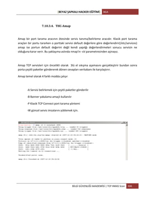 [BEYAZ	
  ŞAPKALI	
  HACKER	
  EĞİTİMİ]	
   BGA	
  
	
  
BİLGİ	
  GÜVENLİĞİ	
  AKADEMİSİ	
  |	
  TCP	
  XMAS	
  Scan	
   306	
  
	
  
7.10.3.4. THC-­‐Amap	
  
Amap	
   bir	
   port	
   tarama	
   aracının	
   ötesinde	
   servis	
   tanıma/belirleme	
   aracıdır.	
   Klasik	
   port	
   tarama	
  
araçları	
  bir	
  portu	
  tararken	
  o	
  porttaki	
  servisi	
  default	
  değerlere	
  göre	
  değerlendirir(/etc/services)	
  
amap	
   ise	
   portun	
   default	
   değerini	
   değil	
   kendi	
   yapıtğı	
   değerlendirmeleri	
   sonucu	
   servisin	
   ne	
  
olduğuna	
  karar	
  verir.	
  Bu	
  yaklaşıma	
  aslında	
  nmap'in	
  -­‐sV	
  parametresinden	
  aşinayız.	
  
	
  
Amap	
  TCP	
  servisleri	
  için	
  öncelikli	
  olarak	
  	
  3lü	
  el	
  sıkışma	
  aşamasını	
  gerçekleştirir	
  bundan	
  sonra	
  
porta	
  çeşitli	
  paketler	
  göndererek	
  dönen	
  cevapları	
  veritabanı	
  ile	
  karşılaştırır.	
  
Amap	
  temel	
  olarak	
  4	
  farklı	
  modda	
  çalışır	
  
	
  
	
   -­‐A	
  Servisi	
  belirlemek	
  için	
  çeşitli	
  paketler	
  gönderilir	
   	
  
	
   -­‐B	
  Banner	
  yakalama	
  amaçlı	
  kullanılır	
  
	
   -­‐P	
  Klasik	
  TCP	
  Connect	
  port	
  tarama	
  yöntemi	
   	
  
	
   -­‐W	
  güncel	
  servis	
  imzalarını	
  yüklemek	
  için.	
  
	
  
 