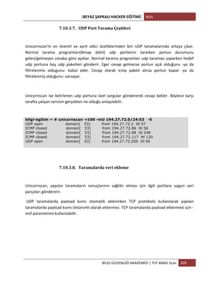 [BEYAZ	
  ŞAPKALI	
  HACKER	
  EĞİTİMİ]	
   BGA	
  
	
  
BİLGİ	
  GÜVENLİĞİ	
  AKADEMİSİ	
  |	
  TCP	
  XMAS	
  Scan	
   309	
  
	
  
7.10.3.7. UDP	
  Port	
  Tarama	
  Çeşitleri	
  
Unicornscan'in	
   en	
   önemli	
   ve	
   ayırt	
   edici	
   özelliklerinden	
   biri	
   UDP	
   taramalarında	
   ortaya	
   çıkar.	
  
Normal	
   tarama	
   programları(Nmap	
   dahil)	
   udp	
   portlarını	
   tararken	
   portun	
   durumunu	
  
gelen/gelmeyen	
  cevaba	
  göre	
  açıklar.	
  Normal	
  tarama	
  programları	
  udp	
  taraması	
  yaparken	
  hedef	
  
udp	
   portuna	
   boş	
   udp	
   paketleri	
   gönderir.	
   Eger	
   cevap	
   gelmezse	
   portun	
   açık	
   olduğunu	
   -­‐ya	
   da	
  
filtrelenmis	
   oldugunu-­‐	
   kabul	
   eder.	
   Cevap	
   olarak	
   icmp	
   paketi	
   alırsa	
   portun	
   kapalı	
   -­‐ya	
   da	
  
filtrelenmiş	
  olduğunu-­‐	
  varsayar.	
  
	
  
Unicornscan	
   ise	
   belirlenen	
   udp	
   portuna	
   özel	
   sorgular	
   göndererek	
   cevap	
   bekler.	
   Böylece	
   karşı	
  
tarafta	
  çalışan	
  servisin	
  gerçekten	
  ne	
  olduğu	
  anlaşılabilir.	
  
bilgi-egitim ~ # unicornscan -r100 -mU 194.27.72.0/24:53 -E
UDP open domain[ 53] from 194.27.72.2 ttl 57
ICMP closed domain[ 53] from 194.27.72.86 ttl 56
ICMP closed domain[ 53] from 194.27.72.88 ttl 248
ICMP closed domain[ 53] from 194.27.72.117 ttl 120
UDP open domain[ 53] from 194.27.72.200 ttl 56
7.10.3.8. Taramalarda	
  veri	
  ekleme	
  
Unicornscan,	
   yapılan	
   taramaların	
   sonuçlarının	
   sağlıklı	
   olması	
   için	
   ilgili	
   portlara	
   uygun	
   veri	
  
parçaları	
  göndererir.	
  
	
  UDP	
   taramalarda	
   payload	
   kısmı	
   otomatik	
   eklenirken	
   TCP	
   protokolü	
   kullanılarak	
   yapılan	
  
taramalarda	
  payload	
  kısmı	
  öntanımlı	
  olarak	
  eklenmez.	
  TCP	
  taramalarda	
  payload	
  eklenmesi	
  için	
  -­‐
msf	
  parametresi	
  kullanılabilir.	
  
 