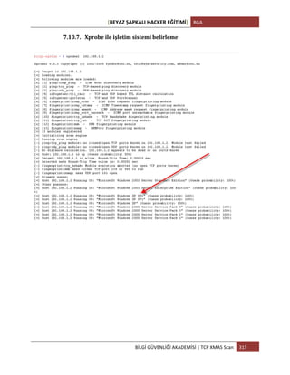 [BEYAZ	
  ŞAPKALI	
  HACKER	
  EĞİTİMİ]	
   BGA	
  
	
  
BİLGİ	
  GÜVENLİĞİ	
  AKADEMİSİ	
  |	
  TCP	
  XMAS	
  Scan	
   315	
  
	
  
7.10.7. Xprobe	
  ile	
  işletim	
  sistemi	
  belirleme	
  
	
  
 