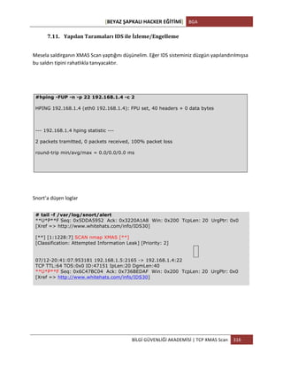 [BEYAZ	
  ŞAPKALI	
  HACKER	
  EĞİTİMİ]	
   BGA	
  
	
  
BİLGİ	
  GÜVENLİĞİ	
  AKADEMİSİ	
  |	
  TCP	
  XMAS	
  Scan	
   316	
  
	
  
7.11. Yapılan	
  Taramaları	
  IDS	
  ile	
  İzleme/Engelleme	
  
Mesela	
  saldirganın	
  XMAS	
  Scan	
  yaptığını	
  düşünelim.	
  Eğer	
  IDS	
  sisteminiz	
  düzgün	
  yapılandırılmışsa	
  
bu	
  saldırı	
  tipini	
  rahatlıkla	
  tanıyacaktır.	
  
#hping -FUP -n -p 22 192.168.1.4 -c 2
HPING 192.168.1.4 (eth0 192.168.1.4): FPU set, 40 headers + 0 data bytes
--- 192.168.1.4 hping statistic ---
2 packets tramitted, 0 packets received, 100% packet loss
round-trip min/avg/max = 0.0/0.0/0.0 ms
Snort’a	
  düşen	
  loglar	
  
# tail -f /var/log/snort/alert
**U*P**F Seq: 0x5DDA5952 Ack: 0x3220A1A8 Win: 0x200 TcpLen: 20 UrgPtr: 0x0
[Xref => http://www.whitehats.com/info/IDS30]
[**] [1:1228:7] SCAN nmap XMAS [**]
[Classification: Attempted Information Leak] [Priority: 2]
07/12-20:41:07.953181 192.168.1.5:2165 -> 192.168.1.4:22
TCP TTL:64 TOS:0x0 ID:47151 IpLen:20 DgmLen:40
**U*P**F Seq: 0x6C47BC04 Ack: 0x736BEDAF Win: 0x200 TcpLen: 20 UrgPtr: 0x0
[Xref => http://www.whitehats.com/info/IDS30]
 