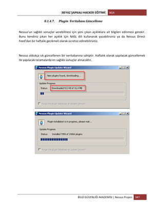 [BEYAZ	
  ŞAPKALI	
  HACKER	
  EĞİTİMİ]	
   BGA	
  
	
  
BİLGİ	
  GÜVENLİĞİ	
  AKADEMİSİ	
  |	
  Nessus	
  Projesi	
   347	
  
	
  
8.1.4.7. Plugin	
  	
  Veritabanı	
  Güncelleme	
  
Nessus’un	
  sağlıklı	
  sonuçlar	
  verebilmesi	
  için	
  yeni	
  çıkan	
  açıklıklara	
  ait	
  bilgileri	
  edinmesi	
  gerekir.	
  
Bunu	
   kendiniz	
   çıkan	
   her	
   açıklık	
   için	
   NASL	
   dili	
   kullanarak	
   yazabilirsiniz	
   ya	
   da	
   Nessus	
   Direct	
  
Feed’dan	
  bir	
  haftalık	
  gecikmeli	
  olarak	
  ücretsiz	
  edinebilirsiniz.	
  	
  
	
  
Nessus	
  oldukça	
  sık	
  güncellenen	
  bir	
  veritabanına	
  sahiptir.	
  Haftalık	
  olarak	
  yapılacak	
  güncellemek	
  
ile	
  yapılacak	
  taramalarda	
  en	
  sağlıklı	
  sonuçlar	
  alınacaktır.	
  
	
  
	
  
	
  
	
  
	
  
 