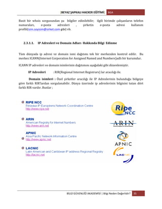 [BEYAZ	
  ŞAPKALI	
  HACKER	
  EĞİTİMİ]	
   BGA	
  
	
  
BİLGİ	
  GÜVENLİĞİ	
  AKADEMİSİ	
  |	
  Bilgi	
  Neden	
  Değerlidir?	
   35	
  
	
  
Basit	
   bir	
   whois	
   sorgusundan	
   şu	
   	
   bilgiler	
   edinilebilir;	
   	
   ilgili	
   birimde	
   çalışanların	
   telefon	
  
numaraları,	
   e-­‐posta	
   adresleri	
   ,	
   şirketin	
   e-­‐posta	
   adresi	
   kullanım	
  
profili(isim.soyisim@sirket.com	
  gibi)	
  vb.	
  
	
  
2.3.1.1. IP	
  Adresleri	
  ve	
  Domain	
  Adları	
  	
  Hakkında	
  Bilgi	
  	
  Edinme	
  
	
  
Tüm	
   dünyada	
   ip	
   adresi	
   ve	
   domain	
   ismi	
   dağıtımı	
   tek	
   bir	
   merkezden	
   kontrol	
   edilir.	
   	
   Bu	
  
merkez	
  ICANN(Internet	
  Corporation	
  for	
  Assigned	
  Named	
  and	
  Numbers)adlı	
  bir	
  kurumdur.	
  
ICANN	
  IP	
  adresleri	
  ve	
  domain	
  isimlerinin	
  dağıtımını	
  aşağıdaki	
  gibi	
  düzenlemiştir.	
  
	
   IP	
  Adresleri	
  	
  	
  	
  	
  	
  	
  	
  	
  	
  :	
  RIR(Regional	
  Internet	
  Registrars)	
  lar	
  aracılığı	
  ile.	
  
	
  	
  	
  	
  	
  	
  	
  	
  	
  	
  	
  	
  	
  	
  Domain	
   isimleri	
   :	
   Özel	
   şirketler	
   aracılığı	
   ile	
   IP	
   Adreslerinin	
   bulunduğu	
   bölgeye	
  
göre	
   farklı	
   RIR’lardan	
   sorgulanabilir.	
   Dünya	
   üzerinde	
   ip	
   adreslerinin	
   bilgisini	
   tutan	
   dört	
  
farklı	
  RIR	
  vardır.	
  Bunlar	
  ;	
  
	
  
	
  
	
  
	
  
	
  
 