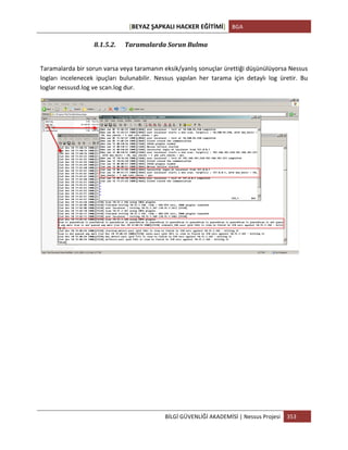 [BEYAZ	
  ŞAPKALI	
  HACKER	
  EĞİTİMİ]	
   BGA	
  
	
  
BİLGİ	
  GÜVENLİĞİ	
  AKADEMİSİ	
  |	
  Nessus	
  Projesi	
   353	
  
	
  
8.1.5.2. Taramalarda	
  Sorun	
  Bulma	
  
	
  
Taramalarda	
  bir	
  sorun	
  varsa	
  veya	
  taramanın	
  eksik/yanlış	
  sonuçlar	
  ürettiği	
  düşünülüyorsa	
  Nessus	
  
logları	
   incelenecek	
   ipuçları	
   bulunabilir.	
   Nessus	
   yapılan	
   her	
   tarama	
   için	
   detaylı	
   log	
   üretir.	
   Bu	
  
loglar	
  nessusd.log	
  ve	
  scan.log	
  dur.	
  
	
  
	
  
	
  
	
  
	
  
	
  
	
  
	
  
	
  
	
  
	
  
 