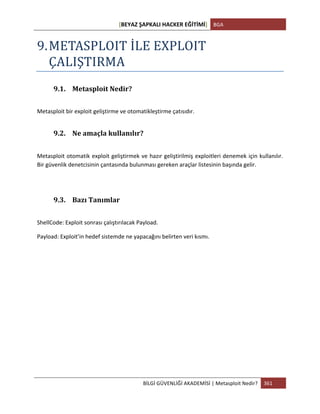 [BEYAZ	
  ŞAPKALI	
  HACKER	
  EĞİTİMİ]	
   BGA	
  
	
  
BİLGİ	
  GÜVENLİĞİ	
  AKADEMİSİ	
  |	
  Metasploit	
  Nedir?	
   361	
  
	
  
9.METASPLOIT	
  İLE	
  EXPLOIT	
  
ÇALIŞTIRMA	
  
9.1. Metasploit	
  Nedir?	
  
	
  
Metasploit	
  bir	
  exploit	
  geliştirme	
  ve	
  otomatikleştirme	
  çatısıdır.	
  	
  
9.2. Ne	
  amaçla	
  kullanılır?	
  
	
  
Metasploit	
  otomatik	
  exploit	
  geliştirmek	
  ve	
  hazır	
  geliştirilmiş	
  exploitleri	
  denemek	
  için	
  kullanılır.	
  
Bir	
  güvenlik	
  denetcisinin	
  çantasında	
  bulunması	
  gereken	
  araçlar	
  listesinin	
  başında	
  gelir.	
  
	
  
9.3. Bazı	
  Tanımlar	
  
	
  
ShellCode:	
  Exploit	
  sonrası	
  çalıştırılacak	
  Payload.	
  
Payload:	
  Exploit’in	
  hedef	
  sistemde	
  ne	
  yapacağını	
  belirten	
  veri	
  kısmı.	
  	
  
	
  
	
  
	
  
	
  
	
  
	
  
	
  
	
  
 