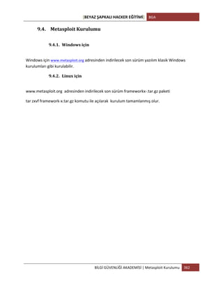 [BEYAZ	
  ŞAPKALI	
  HACKER	
  EĞİTİMİ]	
   BGA	
  
	
  
BİLGİ	
  GÜVENLİĞİ	
  AKADEMİSİ	
  |	
  Metasploit	
  Kurulumu	
   362	
  
	
  
9.4. Metasploit	
  Kurulumu	
  
	
  
9.4.1. Windows	
  için	
  
	
  
Windows	
  için	
  www.metasploit.org	
  adresinden	
  indirilecek	
  son	
  sürüm	
  yazılım	
  klasik	
  Windows	
  
kurulumları	
  gibi	
  kurulabilir.	
  
9.4.2. Linux	
  için	
  
	
  
www.metasploit.org	
  	
  adresinden	
  indirilecek	
  son	
  sürüm	
  frameworkx-­‐.tar.gz	
  paketi	
  	
  
tar	
  zxvf	
  framework-­‐x.tar.gz	
  komutu	
  ile	
  açılarak	
  	
  kurulum	
  tamamlanmış	
  olur.	
  	
  
	
   	
  
 