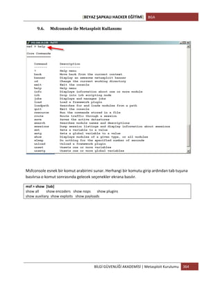 [BEYAZ	
  ŞAPKALI	
  HACKER	
  EĞİTİMİ]	
   BGA	
  
	
  
BİLGİ	
  GÜVENLİĞİ	
  AKADEMİSİ	
  |	
  Metasploit	
  Kurulumu	
   364	
  
	
  
9.6. Msfconsole	
  ile	
  Metasploit	
  Kullanımı	
  
	
  
	
  
	
  
Msfconsole	
  esnek	
  bir	
  komut	
  arabirimi	
  sunar.	
  Herhangi	
  bir	
  komutu	
  girip	
  ardından	
  tab	
  tuşuna	
  
basılırsa	
  o	
  komut	
  sonrasında	
  gelecek	
  seçenekler	
  ekrana	
  basılır.	
  
msf	
  >	
  show	
  	
  [tab]	
  
show	
  all	
  	
  	
  	
  	
  	
  	
  	
  show	
  encoders	
  	
  	
  show	
  nops	
  	
  	
  	
  	
  	
  	
  show	
  plugins	
  
show	
  auxiliary	
  	
  show	
  exploits	
  	
  	
  show	
  payloads	
  
	
  
	
  
	
  
	
  
	
  
	
  
 
