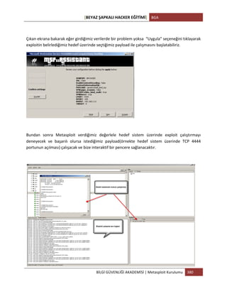 [BEYAZ	
  ŞAPKALI	
  HACKER	
  EĞİTİMİ]	
   BGA	
  
	
  
BİLGİ	
  GÜVENLİĞİ	
  AKADEMİSİ	
  |	
  Metasploit	
  Kurulumu	
   380	
  
	
  
	
  
Çıkan	
  ekrana	
  bakarak	
  eğer	
  girdiğimiz	
  verilerde	
  bir	
  problem	
  yoksa	
  	
  “Uygula”	
  seçeneğini	
  tıklayarak	
  
exploitin	
  belirlediğimiz	
  hedef	
  üzerinde	
  seçtiğimiz	
  payload	
  ile	
  çalışmasını	
  başlatabiliriz.	
  
	
  
	
  
Bundan	
   sonra	
   Metasploit	
   verdiğimiz	
   değerlele	
   hedef	
   sistem	
   üzerinde	
   exploit	
   çalıştırmayı	
  
deneyecek	
   ve	
   başarılı	
   olursa	
   istediğimiz	
   payload(örnekte	
   hedef	
   sistem	
   üzerinde	
   TCP	
   4444	
  
portunun	
  açılması)	
  çalışacak	
  ve	
  bize	
  interaktif	
  bir	
  pencere	
  sağlanacaktır.	
  
	
  
	
  
 