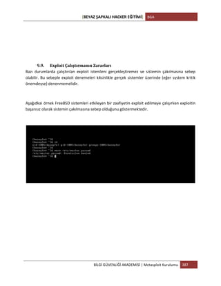 [BEYAZ	
  ŞAPKALI	
  HACKER	
  EĞİTİMİ]	
   BGA	
  
	
  
BİLGİ	
  GÜVENLİĞİ	
  AKADEMİSİ	
  |	
  Metasploit	
  Kurulumu	
   387	
  
	
  
	
  
	
  
	
  
	
  
	
  
9.9. Exploit	
  Çalıştırmanın	
  Zararları	
  
Bazı	
   durumlarda	
   çalıştırılan	
   exploit	
   istenileni	
   gerçekleştiremez	
   ve	
   sistemin	
   çakılmasına	
   sebep	
  
olabilir.	
  Bu	
  sebeple	
  exploit	
  denemeleri	
  k4sinlikle	
  gerçek	
  sistemler	
  üzerinde	
  (eğer	
  system	
  kritik	
  
önemdeyse)	
  denenmemelidir.	
  
	
  
Aşağıdkai	
  örnek	
  FreeBSD	
  sistemleri	
  etkileyen	
  bir	
  zaafiyetin	
  exploit	
  edilmeye	
  çalışırken	
  exploitin	
  
başarısız	
  olarak	
  sistemin	
  çakılmasına	
  sebep	
  olduğunu	
  göstermektedir.	
  
	
  
	
  
	
  
 