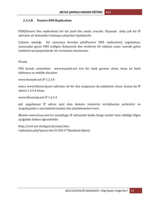 [BEYAZ	
  ŞAPKALI	
  HACKER	
  EĞİTİMİ]	
   BGA	
  
	
  
BİLGİ	
  GÜVENLİĞİ	
  AKADEMİSİ	
  |	
  Bilgi	
  Neden	
  Değerlidir?	
   45	
  
	
  
2.3.1.8. Passive	
  DNS	
  Replication	
  
	
  
PDR(Passive	
   Dns	
   replication)	
   bir	
   tür	
   pasif	
   dns	
   analiz	
   aracıdır.	
   Piyasada	
   	
   daha	
   çok	
   bir	
   IP	
  
adresine	
  ait	
  domainleri	
  bulmaya	
  çalışırken	
  faydalanılır.	
  
Çalışma	
   mantığı	
   	
   bir	
   sunucuya	
   kurulan	
   pdr(Passive	
   DNS	
   replication)	
   uygulamasi,	
  
sunucudan	
   gecen	
   DNS	
   trafigini	
   dinleyerek	
   dns	
   verilerini	
   bir	
   tabloya	
   yazar	
   sonraki	
   gelen	
  
isteklerle	
  karşılaştırılarak	
  	
  bir	
  veritabani	
  olusturulur.	
  
	
  
Örnek;	
  
PDS	
   kurulu	
   sistemimiz	
   	
   www.huzeyfe.net	
   icin	
   bir	
   istek	
   gormus	
   olsun,	
   buna	
   ait	
   basit	
  
tablomuz	
  su	
  sekilde	
  olacaktir.	
  
www.huzeyfe.net	
  IP	
  1.2.3.4	
  
sonra	
  www.lifeoverip.net	
  adresine	
  ait	
  bir	
  dns	
  sorgusunu	
  da	
  yakalamis	
  olsun,	
  bunun	
  da	
  IP	
  
adresi	
  1.2.3.4	
  olsun.	
  	
  
www.lifeoverip.net	
  IP	
  1.2.3.4	
  
pdr	
   uygulamasi	
   IP	
   adresi	
   ayni	
   olan	
   domain	
   isimlerini	
   veritabanina	
   yerlestirir	
   ve	
  
sorgulayanlar	
  o	
  ana	
  kadarki	
  tutulan	
  dns	
  çözümlemeleri	
  verir.	
  
Mesela	
  www.linux.com’un	
  sunuldugu	
  IP	
  adresinde	
  baska	
  hangi	
  isimler	
  host	
  edildiği	
  bilgisi	
  
aşağıdaki	
  linkten	
  öğrenilebilir	
  
http://cert.uni-­‐stuttgart.de/stats/dns-­‐
replication.php?query=66.35.250.177&submit=Query	
  
	
   	
  
 