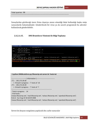 [BEYAZ	
  ŞAPKALI	
  HACKER	
  EĞİTİMİ]	
   BGA	
  
	
  
BİLGİ	
  GÜVENLİĞİ	
  AKADEMİSİ	
  |	
  Aktif	
  Bilgi	
  toplama	
   59	
  
	
  
Total queries: 98
-------------------------------------------------------------------------------
Sonuçlardan	
   görüleceği	
   üzere	
   firma	
   dışarıya	
   anons	
   etmediği	
   fakat	
   kullandığı	
   başka	
   smtp	
  
sunucularda	
   bulunmaktadır.	
   Gönderilecek	
   bir	
   virus	
   ya	
   da	
   zararlı	
   programcık	
   bu	
   adresler	
  
kullanılarak	
  gönderilebilir.	
  
	
  
2.3.2.1.15. DNS	
  Bruteforce	
  Yöntemi	
  ile	
  Bilgi	
  Toplama	
  
	
  
	
  
	
  
	
  
	
  #	
  python	
  DNSBruteforce.py	
  lifeoverip.net	
  server.lst	
  	
  hosts-­‐txt	
  
	
  
-­‐-­‐-­‐-­‐-­‐-­‐-­‐-­‐-­‐-­‐-­‐-­‐-­‐-­‐-­‐-­‐-­‐-­‐-­‐-­‐-­‐-­‐-­‐-­‐-­‐-­‐-­‐|	
  Information	
  |-­‐-­‐-­‐-­‐-­‐-­‐-­‐-­‐-­‐-­‐-­‐-­‐-­‐-­‐-­‐-­‐-­‐-­‐-­‐-­‐-­‐-­‐-­‐-­‐-­‐-­‐-­‐-­‐-­‐-­‐-­‐-­‐-­‐	
  
-­‐[*]	
  -­‐-­‐	
  	
  195.175.39.40	
  
	
  	
  	
  	
  	
  +-­‐	
  thread	
  in	
  progress	
  :	
  	
  7	
  	
  hosts	
  of	
  	
  10	
  
-­‐[*]	
  -­‐-­‐	
  	
  195.175.39.39	
  
	
  	
  	
  	
  	
  +-­‐	
  thread	
  in	
  progress	
  :	
  	
  7	
  	
  hosts	
  of	
  	
  7	
  
-­‐-­‐-­‐-­‐-­‐-­‐-­‐-­‐-­‐-­‐-­‐-­‐-­‐-­‐-­‐-­‐-­‐-­‐-­‐-­‐-­‐-­‐-­‐-­‐-­‐-­‐-­‐-­‐-­‐-­‐-­‐-­‐-­‐-­‐-­‐-­‐-­‐-­‐-­‐-­‐-­‐-­‐-­‐-­‐-­‐-­‐-­‐-­‐-­‐-­‐-­‐-­‐-­‐-­‐-­‐-­‐-­‐-­‐-­‐-­‐-­‐-­‐-­‐-­‐-­‐-­‐-­‐-­‐-­‐-­‐-­‐-­‐-­‐-­‐-­‐	
  
-­‐	
  Total	
  in	
  progress	
  :	
  	
  	
  14	
  
-­‐	
  Find	
  hosts	
  :	
  
['www.lifeoverip.net',	
  'mail.lifeoverip.net',	
  'netsec.lifeoverip.net',	
  'openbsd.lifeoverip.net']	
  
End	
  at	
  :	
  Sun	
  Aug	
  10	
  18:18:39	
  2008	
  
['www.lifeoverip.net',	
  'mail.lifeoverip.net',	
  'netsec.lifeoverip.net',	
  'openbsd.lifeoverip.net']	
  
	
  
	
  
	
  
Server.lst	
  dosyası	
  sorgulama	
  yapılacak	
  dns	
  cache	
  sunucular	
  
 