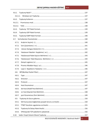 [BEYAZ	
  ŞAPKALI	
  HACKER	
  EĞİTİMİ]	
   BGA	
  
	
  
BİLGİ	
  GÜVENLİĞİ	
  AKADEMİSİ	
  |	
  Backtrack	
  Nedir?	
   6	
  
	
  
4.6.1.	
   Tcpdump	
  Nedir?	
  ......................................................................................................................	
  137	
  
4.6.1.1.	
   Windows	
  için	
  Tcpdump	
  .....................................................................................................	
  137	
  
4.6.2.	
   Tcpdump	
  Kullanımı	
  ..................................................................................................................	
  137	
  
4.6.2.1.	
   Promiscious	
  mod	
  ...................................................................................................................	
  138	
  
4.6.2.2.	
   Yetki	
  ......................................................................................................................................	
  138	
  
4.6.3.	
   Tcpdump	
  	
  TCP	
  Paket	
  Formatı	
  ...................................................................................................	
  139	
  
4.6.4.	
   Tcpdump	
  UDP	
  Paket	
  Formatı	
  ...................................................................................................	
  139	
  
4.6.5.	
   Tcpdump	
  ICMP	
  Paket	
  Formatı	
  .................................................................................................	
  140	
  
4.7.	
   Sık	
  Kullanılan	
  Parametreler	
  .........................................................................................................	
  140	
  
4.7.1.	
   Arabirim	
  Seçimi(	
  -­‐i	
  )	
  ..............................................................................................................	
  140	
  
4.7.2.	
   İsim	
  Çözümleme	
  (	
  -­‐n	
  )	
  ..........................................................................................................	
  141	
  
4.7.3.	
   -­‐Zaman	
  Damgası	
  Gösterimi	
  (	
  -­‐t	
  )	
  ..........................................................................................	
  141	
  
4.7.4.	
   Yakalanan	
  Paketleri	
  	
  Kaydetme	
  (	
  -­‐w	
  )	
  ...................................................................................	
  142	
  
4.7.5.	
   Yakalanacak	
  Paket	
  Sayısını	
  Belirleme	
  (	
  -­‐c	
  )	
  ...........................................................................	
  143	
  
4.7.6.	
   Yakalanacak	
  	
  Paket	
  Boyutunu	
  	
  Belirleme	
  (	
  -­‐s	
  )	
  .....................................................................	
  144	
  
4.7.7.	
   Detaylı	
  Loglama	
  (-­‐v)	
  .............................................................................................................	
  145	
  
4.7.8.	
   Promisc	
  Moddan	
  Kaçış	
  (	
  -­‐p	
  )	
  .................................................................................................	
  146	
  
4.7.9.	
   Layer	
  2	
  	
  Başlıklarını	
  Yakalama	
  	
  (	
  -­‐e	
  )	
  .....................................................................................	
  146	
  
4.8.	
   BPF(Berkley	
  Packet	
  Filter)	
  .......................................................................................................	
  147	
  
4.8.1.	
   Type	
  .....................................................................................................................................	
  147	
  
4.8.2.	
   Direction	
  ..............................................................................................................................	
  147	
  
4.8.3.	
   Protocol	
  ................................................................................................................................	
  147	
  
4.8.4.	
   Host	
  Parametresi	
  .................................................................................................................	
  147	
  
4.8.5.	
   dst	
  host	
  (Hedef	
  Host	
  Belirtimi)	
  ............................................................................................	
  147	
  
4.8.6.	
   src	
  host	
  (Kaynak	
  Host	
  Belirtimi)	
  ...........................................................................................	
  148	
  
4.8.7.	
   port	
  Parametresi	
  (Port	
  Belirtimi)	
  .........................................................................................	
  149	
  
4.9.	
   Tcpdump	
  ile	
  Sorun	
  giderme	
  ....................................................................................................	
  150	
  
4.9.1.	
   SSH	
  Sunuculara	
  bağlantıda	
  yavaşlık	
  Sorunu	
  ve	
  Analizi	
  ........................................................	
  150	
  
4.9.2.	
   TTNET	
  Karaliste	
  uygulaması	
  ve	
  Analizi	
  .................................................................................	
  155	
  
4.9.3.	
   Tcpdump	
  ile	
  Detay	
  Paket	
  Analizi	
  ..........................................................................................	
  156	
  
4.9.4.	
   SYN	
  bayraklı	
  TCP	
  paketlerini	
  yakalamak	
  ..............................................................................	
  156	
  
4.10.	
   Saldırı	
  Tespit	
  Sistemi	
  Olarak	
  Tcpdump	
  .....................................................................................	
  157	
  
 