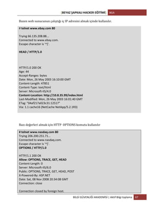 [BEYAZ	
  ŞAPKALI	
  HACKER	
  EĞİTİMİ]	
   BGA	
  
	
  
BİLGİ	
  GÜVENLİĞİ	
  AKADEMİSİ	
  |	
  Aktif	
  Bilgi	
  toplama	
   67	
  
	
  
Bazen	
  web	
  sunucunun	
  çalıştığı	
  iç	
  IP	
  adresini	
  almak	
  içinde	
  kullanılır.	
  
#	
  telnet	
  www.ebay.com	
  80	
  
	
  
Trying	
  66.135.208.88...	
  
Connected	
  to	
  www.ebay.com.	
  
Escape	
  character	
  is	
  '^]'.	
  
	
  
HEAD	
  /	
  HTTP/1.0	
  
	
  
	
  
	
  
HTTP/1.0	
  200	
  OK	
  
Age:	
  44	
  
Accept-­‐Ranges:	
  bytes	
  
Date:	
  Mon,	
  26	
  May	
  2003	
  16:10:00	
  GMT	
  
Content-­‐Length:	
  47851	
  
Content-­‐Type:	
  text/html	
  
Server:	
  Microsoft-­‐IIS/4.0	
  
Content-­‐Location:	
  http://10.8.35.99/index.html	
  
Last-­‐Modified:	
  Mon,	
  26	
  May	
  2003	
  16:01:40	
  GMT	
  
ETag:	
  "04af217a023c31:12517"	
  
Via:	
  1.1	
  cache16	
  (NetCache	
  NetApp/5.2.1R3)	
  
	
  
	
  
Bazı	
  değerleri	
  almak	
  için	
  HTTP	
  	
  OPTIONS	
  komutu	
  kullanılır	
  
#	
  telnet	
  www.nasdaq.com	
  80	
  
Trying	
  206.200.251.71...	
  
Connected	
  to	
  www.nasdaq.com.	
  
Escape	
  character	
  is	
  '^]'.	
  
OPTIONS	
  /	
  HTTP/1.0	
  
	
  
HTTP/1.1	
  200	
  OK	
  
Allow:	
  OPTIONS,	
  TRACE,	
  GET,	
  HEAD	
  
Content-­‐Length:	
  0	
  
Server:	
  Microsoft-­‐IIS/6.0	
  
Public:	
  OPTIONS,	
  TRACE,	
  GET,	
  HEAD,	
  POST	
  
X-­‐Powered-­‐By:	
  ASP.NET	
  
Date:	
  Sat,	
  08	
  Nov	
  2008	
  20:34:08	
  GMT	
  
Connection:	
  close	
  
	
  
Connection	
  closed	
  by	
  foreign	
  host.	
  
 