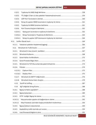 [BEYAZ	
  ŞAPKALI	
  HACKER	
  EĞİTİMİ]	
   BGA	
  
	
  
BİLGİ	
  GÜVENLİĞİ	
  AKADEMİSİ	
  |	
  Backtrack	
  Nedir?	
   7	
  
	
  
4.10.1.	
   Tcpdump	
  ile	
  LAND	
  Atağı	
  Belirleme	
  ....................................................................................	
  158	
  
4.10.2.	
   TTL	
  Değeri	
  2’den	
  az	
  olan	
  paketleri	
  Yakalama(traceroute)	
  .................................................	
  159	
  
4.10.3.	
   UDP	
  Port	
  Taramalarını	
  izlemek	
  ..........................................................................................	
  160	
  
4.10.4.	
   Nmap	
  ile	
  yapılan	
  XMAS	
  taramalarını	
  tcpdump	
  ile	
  izleme	
  ..................................................	
  161	
  
4.10.5.	
   Tcpdump	
  ile	
  XMAS	
  taraması	
  belirleme	
  ..............................................................................	
  161	
  
4.10.6.	
   Port	
  Tarama	
  Araçlarını	
  Belirleme	
  .......................................................................................	
  162	
  
4.10.6.1.	
   Hping	
  port	
  taramalarını	
  tcpdump	
  ile	
  belirleme	
  ..............................................................	
  162	
  
4.10.6.2.	
   Nmap	
  Taramalarını	
  Ttcpdump	
  ile	
  Belirleme	
  ...................................................................	
  163	
  
4.10.6.3.	
   Nmap	
  ile	
  yapılan	
  UDP	
  taramasının	
  tcpdump	
  ile	
  izlenmesi	
  .............................................	
  164	
  
4.11.	
   Sniffer	
  Olarak	
  Snort	
  ......................................................................................................................	
  164	
  
4.11.1.	
   Yakalanan	
  paketleri	
  Kaydetme(Logging)	
  ................................................................................	
  166	
  
4.12.	
   Wireshark	
  ile	
  Trafik	
  Analizi	
  .......................................................................................................	
  167	
  
4.12.1.	
   Wireshark’in	
  bazı	
  önemli	
  	
  özellikleri:	
  .....................................................................................	
  167	
  
4.12.2.	
   Wireshark	
  Kullanımı	
  ...............................................................................................................	
  168	
  
4.12.3.	
   Genel	
  Hatları	
  ile	
  WireShark	
  ....................................................................................................	
  172	
  
4.12.4.	
   Genel	
  Protokol	
  Bilgisi	
  Alanı	
  ....................................................................................................	
  172	
  
4.12.5.	
   Wireshark	
  ile	
  TCP	
  Oturumlarında	
  paket	
  birleştirme	
  ..............................................................	
  173	
  
4.12.6.	
   Filtreler	
  ..................................................................................................................................	
  174	
  
4.12.6.1.	
   Capture	
  Filter	
  ..................................................................................................................	
  175	
  
4.12.6.2.	
   Display	
  Filter	
  ...................................................................................................................	
  175	
  
4.12.7.	
   Wireshark	
  ile	
  SMTP	
  Trafiği	
  Analizi	
  .....................................................................................	
  176	
  
4.12.8.	
   Wireshark	
  Komut	
  Satırı	
  Araçları	
  .........................................................................................	
  179	
  
4.13.	
   Dsniff	
  ile	
  Sniffing	
  ...................................................................................................................	
  187	
  
4.14.	
   Ağ	
  Trafiğinde	
  String	
  Arama	
  ...................................................................................................	
  188	
  
4.14.1.	
   Ngrep	
  ile	
  Neler	
  yapılabilir?	
  ....................................................................................................	
  188	
  
4.14.2.	
   Ngrep	
  Çalışmaları	
  ...................................................................................................................	
  189	
  
4.14.3.	
   HTTP	
  	
  trafiğini	
  Ngrep	
  ile	
  izleme	
  ..............................................................................................	
  191	
  
4.14.3.1.	
   http	
  portundan	
  yapılan	
  ssh	
  bağlantılarını	
  izleme	
  ...............................................................	
  192	
  
4.14.3.2.	
   Http	
  Protokolü	
  üzerinden	
  başka	
  protokollerin	
  kullanılması	
  ...............................................	
  193	
  
4.14.4.	
   Ngrep	
  Çıktılarını	
  düzenlemek	
  .................................................................................................	
  194	
  
4.14.5.	
   Kaydedilmiş	
  trafik	
  üzerinde	
  veri	
  arama	
  .................................................................................	
  194	
  
4.14.6.	
   User/Password	
  bilgilerini	
  alma	
  ..............................................................................................	
  195	
  
 
