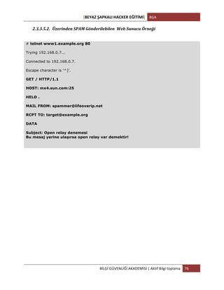 [BEYAZ	
  ŞAPKALI	
  HACKER	
  EĞİTİMİ]	
   BGA	
  
	
  
BİLGİ	
  GÜVENLİĞİ	
  AKADEMİSİ	
  |	
  Aktif	
  Bilgi	
  toplama	
   76	
  
	
  
2.3.3.5.2. Üzerinden	
  SPAM	
  Gönderilebilen	
  	
  Web	
  Sunucu	
  Örneği	
  
	
  
# telnet www1.example.org 80
Trying 192.168.0.7...
Connected to 192.168.0.7.
Escape character is '^]'.
GET / HTTP/1.1
HOST: mx4.sun.com:25
HELO .
MAIL FROM: spammer@lifeoverip.net
RCPT TO: target@example.org
DATA
Subject: Open relay denemesi
Bu mesaj yerine ulaşırsa open relay var demektir!
	
  
	
   	
  
 