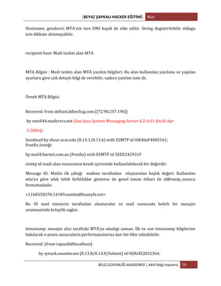 [BEYAZ	
  ŞAPKALI	
  HACKER	
  EĞİTİMİ]	
   BGA	
  
	
  
BİLGİ	
  GÜVENLİĞİ	
  AKADEMİSİ	
  |	
  Aktif	
  Bilgi	
  toplama	
   79	
  
	
  
Hostname,	
   gonderici	
   MTA'nin	
   ters	
   DNS	
   kaydi	
   ile	
   elde	
   edilir.	
   String	
   degistirilebilir	
   oldugu	
  
icin	
  dikkate	
  alınmayabilir.	
  
	
  
recipient	
  host:	
  Maili	
  teslim	
  alan	
  MTA	
  	
  
	
  
MTA	
  Bilgisi	
  :	
  Maili	
  teslim	
  alan	
  MTA	
  yazılım	
  bilgileri.	
  Bu	
  alan	
  kullanılan	
  yazılıma	
  ve	
  yapılan	
  
ayarlara	
  göre	
  çok	
  detaylı	
  bilgi	
  de	
  verebilir,	
  sadece	
  yazılım	
  ismi	
  de.	
  
	
  
Örnek	
  MTA	
  Bilgisi.	
  
	
  
Received:	
  from	
  defiant.ddtechcg.com	
  ([72.90.237.196])	
  
	
  by	
  vms044.mailsrvcs.net	
  (Sun	
  Java	
  System	
  Messaging	
  Server	
  6.2-­‐6.01	
  (built	
  Apr	
  
	
  3	
  2006))	
  	
  	
  
Sendmail	
  by	
  shear.ucar.edu	
  (8.14.1/8.13.6)	
  with	
  ESMTP	
  id	
  l4K4heF4002161;	
  
Postfix	
  örneği:	
  
by	
  mail4.barnet.com.au	
  (Postfix)	
  with	
  ESMTP	
  id	
  5EEE242931F	
  
esmtp	
  id	
  maili	
  alan	
  sunucunun	
  kendi	
  içerisinde	
  kullanılabilecek	
  bir	
  değerdir.	
  
Message	
   ID:	
   Mailin	
   ilk	
   çıktığı	
   	
   makine	
   tarafindan	
   	
   oluşturulan	
   başlık	
   değeri.	
   Kullanılan	
  
mta’ya	
   göre	
   ufak	
   tefek	
   farklılıklar	
   gösterse	
   de	
   genel	
   tanım	
   itibari	
   ile	
   id@smtp_sunucu	
  
formatındadır.	
  
<1168358378.14189.ezmlm@huzeyfe.net>	
  
Bu	
   ID	
   mail	
   istemcisi	
   tarafindan	
   olusturulur	
   ve	
   mail	
   sunucuda	
   belirli	
   bir	
   mesajin	
  
aranmasinda	
  kolaylik	
  saglar.	
  
	
  
timestamp:	
  mesajin	
  alici	
  taraftaki	
  MTA'ya	
  ulastigi	
  zaman.	
  Ilk	
  ve	
  son	
  timestamp	
  bilgilerine	
  
bakılarak	
  e-­‐posta	
  sunucularin	
  performanslarına	
  dair	
  bir	
  fikir	
  edinilebilir.	
  
Received:	
  (from	
  rapsodi@localhost)	
  
	
   by	
  synack.anonim.net	
  (8.13.8/8.13.8/Submit)	
  id	
  l4JNzXCJ032364;	
  
 