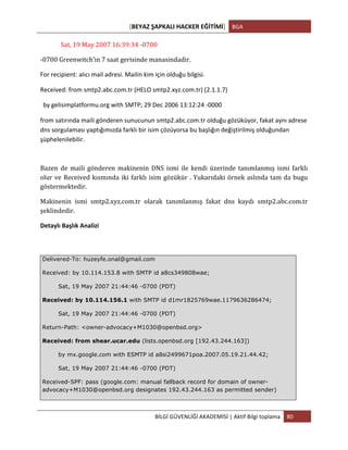 [BEYAZ	
  ŞAPKALI	
  HACKER	
  EĞİTİMİ]	
   BGA	
  
	
  
BİLGİ	
  GÜVENLİĞİ	
  AKADEMİSİ	
  |	
  Aktif	
  Bilgi	
  toplama	
   80	
  
	
  
	
   Sat,	
  19	
  May	
  2007	
  16:39:34	
  -­‐0700	
  
-­‐0700	
  Greenwitch’in	
  7	
  saat	
  gerisinde	
  manasindadir.	
  
For	
  recipient:	
  alıcı	
  mail	
  adresi.	
  Mailin	
  kim	
  için	
  olduğu	
  bilgisi.	
  
Received:	
  from	
  smtp2.abc.com.tr	
  (HELO	
  smtp2.xyz.com.tr)	
  (2.1.1.7)	
  
	
  	
  by	
  gelisimplatformu.org	
  with	
  SMTP;	
  29	
  Dec	
  2006	
  13:12:24	
  -­‐0000	
  
from	
  satırında	
  maili	
  gönderen	
  sunucunun	
  smtp2.abc.com.tr	
  olduğu	
  gözüküyor,	
  fakat	
  aynı	
  adrese	
  
dns	
  sorgulaması	
  yaptığımızda	
  farklı	
  bir	
  isim	
  çözüyorsa	
  bu	
  başlığın	
  değiştirilmiş	
  olduğundan	
  
şüphelenilebilir.
Bazen	
  de	
  maili	
  gönderen	
  makinenin	
  DNS	
  ismi	
  ile	
  kendi	
  üzerinde	
  tanımlanmış	
  ismi	
  farklı	
  
olur	
  ve	
  Received	
  kısmında	
  iki	
  farklı	
  isim	
  gözükür	
  .	
  Yukarıdaki	
  örnek	
  aslında	
  tam	
  da	
  bugu	
  
göstermektedir.	
  
Makinenin	
   ismi	
   smtp2.xyz.com.tr	
   olarak	
   tanımlanmış	
   fakat	
   dns	
   kaydı	
   smtp2.abc.com.tr	
  
şeklindedir.	
  	
  
Detaylı	
  Başlık	
  Analizi	
  
Delivered-To: huzeyfe.onal@gmail.com
Received: by 10.114.153.8 with SMTP id a8cs349808wae;
Sat, 19 May 2007 21:44:46 -0700 (PDT)
Received: by 10.114.156.1 with SMTP id d1mr1825769wae.1179636286474;
Sat, 19 May 2007 21:44:46 -0700 (PDT)
Return-Path: <owner-advocacy+M1030@openbsd.org>
Received: from shear.ucar.edu (lists.openbsd.org [192.43.244.163])
by mx.google.com with ESMTP id a8si2499671poa.2007.05.19.21.44.42;
Sat, 19 May 2007 21:44:46 -0700 (PDT)
Received-SPF: pass (google.com: manual fallback record for domain of owner-
advocacy+M1030@openbsd.org designates 192.43.244.163 as permitted sender)
 