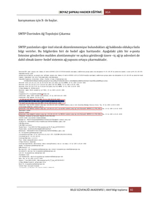 [BEYAZ	
  ŞAPKALI	
  HACKER	
  EĞİTİMİ]	
   BGA	
  
	
  
BİLGİ	
  GÜVENLİĞİ	
  AKADEMİSİ	
  |	
  Aktif	
  Bilgi	
  toplama	
   82	
  
	
  
karışmaması	
  için	
  X-­‐	
  ile	
  başlar.	
  
	
  
SMTP	
  Üzerinden	
  Ağ	
  Topolojisi	
  Çıkarma	
  
	
  
SMTP	
  yazılımları	
  eğer	
  özel	
  olarak	
  düzenlenmemişse	
  bulundukları	
  ağ	
  hakkında	
  oldukça	
  fazla	
  
bilgi	
   verirler.	
   Bu	
   bilgilerden	
   biri	
   de	
   hedef	
   ağın	
   haritasıdır.	
   Aşağıdaki	
   çıktı	
   bir	
   e-­‐posta	
  
listesine	
  gönderilen	
  mailden	
  alıntılanmıştır	
  ve	
  açıkca	
  görüleceği	
  üzere	
  –iç	
  ağ	
  ip	
  adresleri	
  de	
  
dahil	
  olmak	
  üzere-­‐	
  hedef	
  sistemin	
  ağ	
  yapısını	
  ortaya	
  çıkarmaktadır.	
  
	
  
 