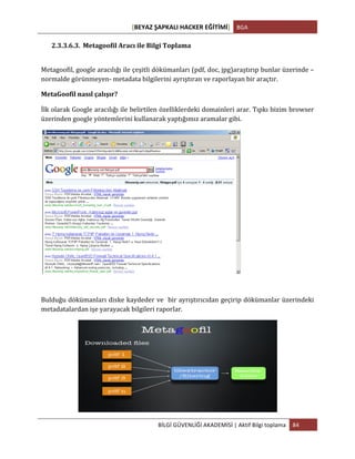 [BEYAZ	
  ŞAPKALI	
  HACKER	
  EĞİTİMİ]	
   BGA	
  
	
  
BİLGİ	
  GÜVENLİĞİ	
  AKADEMİSİ	
  |	
  Aktif	
  Bilgi	
  toplama	
   84	
  
	
  
2.3.3.6.3. Metagoofil	
  Aracı	
  ile	
  Bilgi	
  Toplama	
  
	
  
Metagoofil,	
  google	
  aracılığı	
  ile	
  çeşitli	
  dökümanları	
  (pdf,	
  doc,	
  jpg)araştırıp	
  bunlar	
  üzerinde	
  –
normalde	
  görünmeyen-­‐	
  metadata	
  bilgilerini	
  ayrıştıran	
  ve	
  raporlayan	
  bir	
  araçtır.	
  
MetaGoofil	
  nasıl	
  çalışır?	
  
İlk	
  olarak	
  Google	
  aracılığı	
  ile	
  belirtilen	
  özelliklerdeki	
  domainleri	
  arar.	
  Tıpkı	
  bizim	
  browser	
  
üzerinden	
  google	
  yöntemlerini	
  kullanarak	
  yaptığımız	
  aramalar	
  gibi.	
  
	
  
	
  
Bulduğu	
  dökümanları	
  diske	
  kaydeder	
  ve	
  	
  bir	
  ayrıştırıcıdan	
  geçirip	
  dökümanlar	
  üzerindeki	
  
metadatalardan	
  işe	
  yarayacak	
  bilgileri	
  raporlar.	
  
	
  
 
