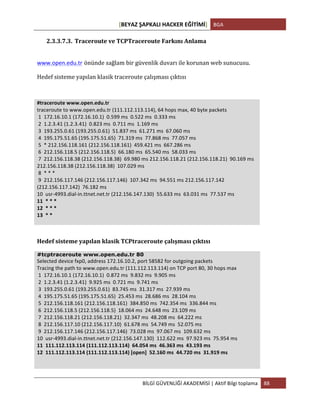[BEYAZ	
  ŞAPKALI	
  HACKER	
  EĞİTİMİ]	
   BGA	
  
	
  
BİLGİ	
  GÜVENLİĞİ	
  AKADEMİSİ	
  |	
  Aktif	
  Bilgi	
  toplama	
   88	
  
	
  
2.3.3.7.3. Traceroute	
  ve	
  TCPTraceroute	
  Farkını	
  Anlama	
  
	
  
www.open.edu.tr önünde	
  sağlam	
  bir	
  güvenlik	
  duvarı	
  ile	
  korunan	
  web	
  sunucusu.	
  	
  
Hedef	
  sisteme	
  yapılan	
  klasik	
  traceroute	
  çalışması	
  çıktısı	
  
#traceroute	
  www.open.edu.tr	
  
traceroute	
  to	
  www.open.edu.tr	
  (111.112.113.114),	
  64	
  hops	
  max,	
  40	
  byte	
  packets	
  
	
  1	
  	
  172.16.10.1	
  (172.16.10.1)	
  	
  0.599	
  ms	
  	
  0.522	
  ms	
  	
  0.333	
  ms	
  
	
  2	
  	
  1.2.3.41	
  (1.2.3.41)	
  	
  0.823	
  ms	
  	
  0.711	
  ms	
  	
  1.169	
  ms	
  
	
  3	
  	
  193.255.0.61	
  (193.255.0.61)	
  	
  51.837	
  ms	
  	
  61.271	
  ms	
  	
  67.060	
  ms	
  
	
  4	
  	
  195.175.51.65	
  (195.175.51.65)	
  	
  71.319	
  ms	
  	
  77.868	
  ms	
  	
  77.057	
  ms	
  
	
  5	
  	
  *	
  212.156.118.161	
  (212.156.118.161)	
  	
  459.421	
  ms	
  	
  667.286	
  ms	
  
	
  6	
  	
  212.156.118.5	
  (212.156.118.5)	
  	
  66.180	
  ms	
  	
  65.540	
  ms	
  	
  58.033	
  ms	
  
	
  7	
  	
  212.156.118.38	
  (212.156.118.38)	
  	
  69.980	
  ms	
  212.156.118.21	
  (212.156.118.21)	
  	
  90.169	
  ms	
  
212.156.118.38	
  (212.156.118.38)	
  	
  107.029	
  ms	
  
	
  8	
  	
  *	
  *	
  *	
  
	
  9	
  	
  212.156.117.146	
  (212.156.117.146)	
  	
  107.342	
  ms	
  	
  94.551	
  ms	
  212.156.117.142	
  
(212.156.117.142)	
  	
  76.182	
  ms	
  
10	
  	
  usr-­‐4993.dial-­‐in.ttnet.net.tr	
  (212.156.147.130)	
  	
  55.633	
  ms	
  	
  63.031	
  ms	
  	
  77.537	
  ms	
  
11	
  	
  *	
  *	
  *	
  
12	
  	
  *	
  *	
  *	
  
13	
  	
  *	
  *	
  
Hedef	
  sisteme	
  yapılan	
  klasik	
  TCPtraceroute	
  çalışması	
  çıktısı	
  
#tcptraceroute www.open.edu.tr 80
Selected	
  device	
  fxp0,	
  address	
  172.16.10.2,	
  port	
  58582	
  for	
  outgoing	
  packets	
  
Tracing	
  the	
  path	
  to	
  www.open.edu.tr	
  (111.112.113.114)	
  on	
  TCP	
  port	
  80,	
  30	
  hops	
  max	
  
	
  1	
  	
  172.16.10.1	
  (172.16.10.1)	
  	
  0.872	
  ms	
  	
  9.832	
  ms	
  	
  9.905	
  ms	
  
	
  2	
  	
  1.2.3.41	
  (1.2.3.41)	
  	
  9.925	
  ms	
  	
  0.721	
  ms	
  	
  9.741	
  ms	
  
	
  3	
  	
  193.255.0.61	
  (193.255.0.61)	
  	
  83.745	
  ms	
  	
  31.317	
  ms	
  	
  27.939	
  ms	
  
	
  4	
  	
  195.175.51.65	
  (195.175.51.65)	
  	
  25.453	
  ms	
  	
  28.686	
  ms	
  	
  28.104	
  ms	
  
	
  5	
  	
  212.156.118.161	
  (212.156.118.161)	
  	
  384.850	
  ms	
  	
  742.354	
  ms	
  	
  336.844	
  ms	
  
	
  6	
  	
  212.156.118.5	
  (212.156.118.5)	
  	
  18.064	
  ms	
  	
  24.648	
  ms	
  	
  23.109	
  ms	
  
	
  7	
  	
  212.156.118.21	
  (212.156.118.21)	
  	
  32.347	
  ms	
  	
  48.208	
  ms	
  	
  64.222	
  ms	
  
	
  8	
  	
  212.156.117.10	
  (212.156.117.10)	
  	
  61.678	
  ms	
  	
  54.749	
  ms	
  	
  52.075	
  ms	
  
	
  9	
  	
  212.156.117.146	
  (212.156.117.146)	
  	
  73.028	
  ms	
  	
  97.067	
  ms	
  	
  109.632	
  ms	
  
10	
  	
  usr-­‐4993.dial-­‐in.ttnet.net.tr	
  (212.156.147.130)	
  	
  112.622	
  ms	
  	
  97.923	
  ms	
  	
  75.954	
  ms	
  
11	
  	
  111.112.113.114	
  (111.112.113.114)	
  	
  64.054	
  ms	
  	
  46.363	
  ms	
  	
  43.193	
  ms	
  
12	
  	
  111.112.113.114	
  (111.112.113.114)	
  [open]	
  	
  52.160	
  ms	
  	
  44.720	
  ms	
  	
  31.919	
  ms	
  
 